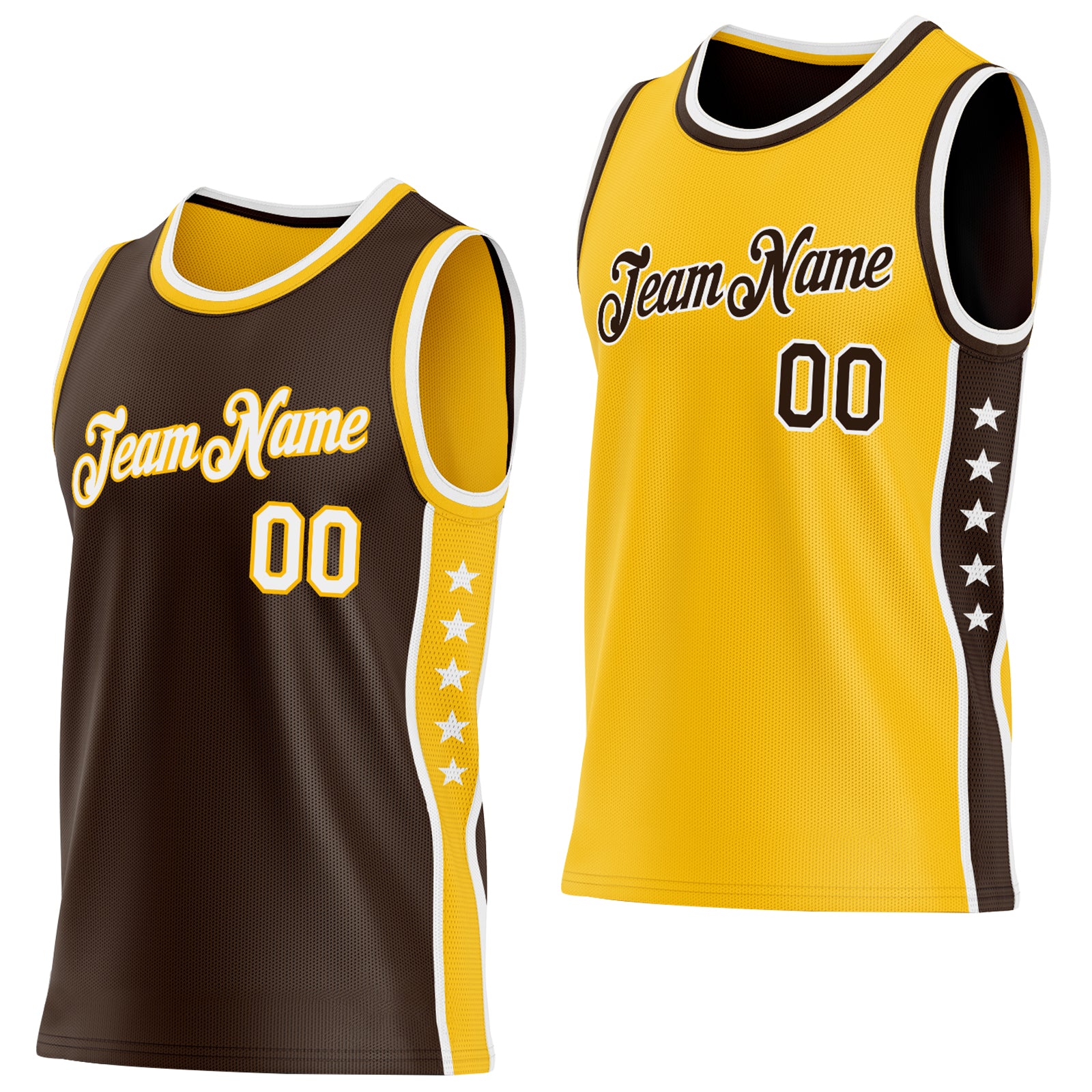 Custom Reversible Brown White-Gold Double Side Star Sublimation Basketball Suit Jersey