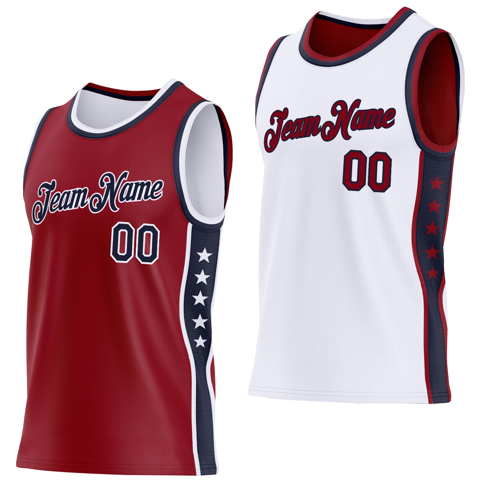Custom Reversible Crimson Navy-White Double Side Star Sublimation Basketball Suit Jersey