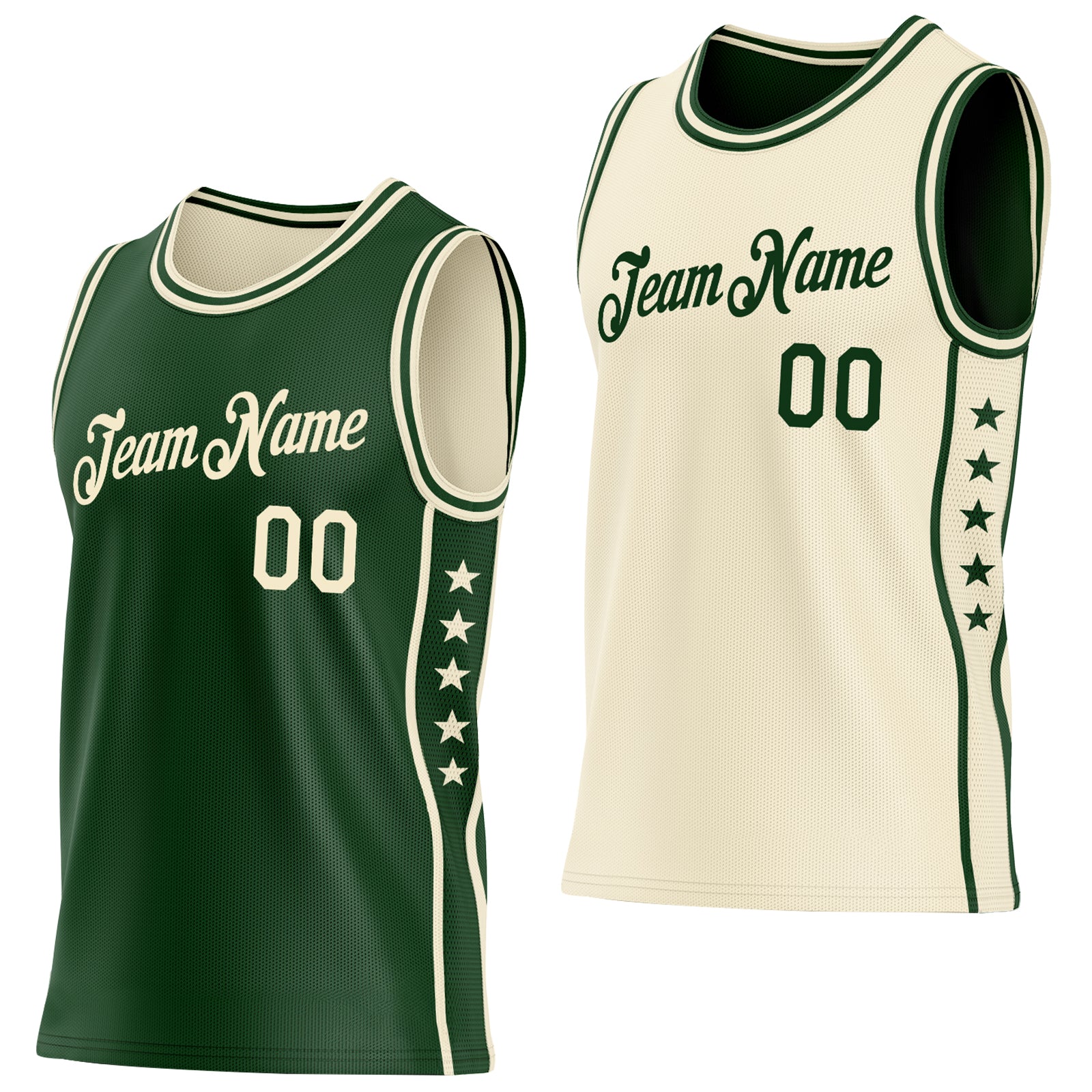 Custom Reversible Green Cream Double Side Star Sublimation Basketball Suit Jersey