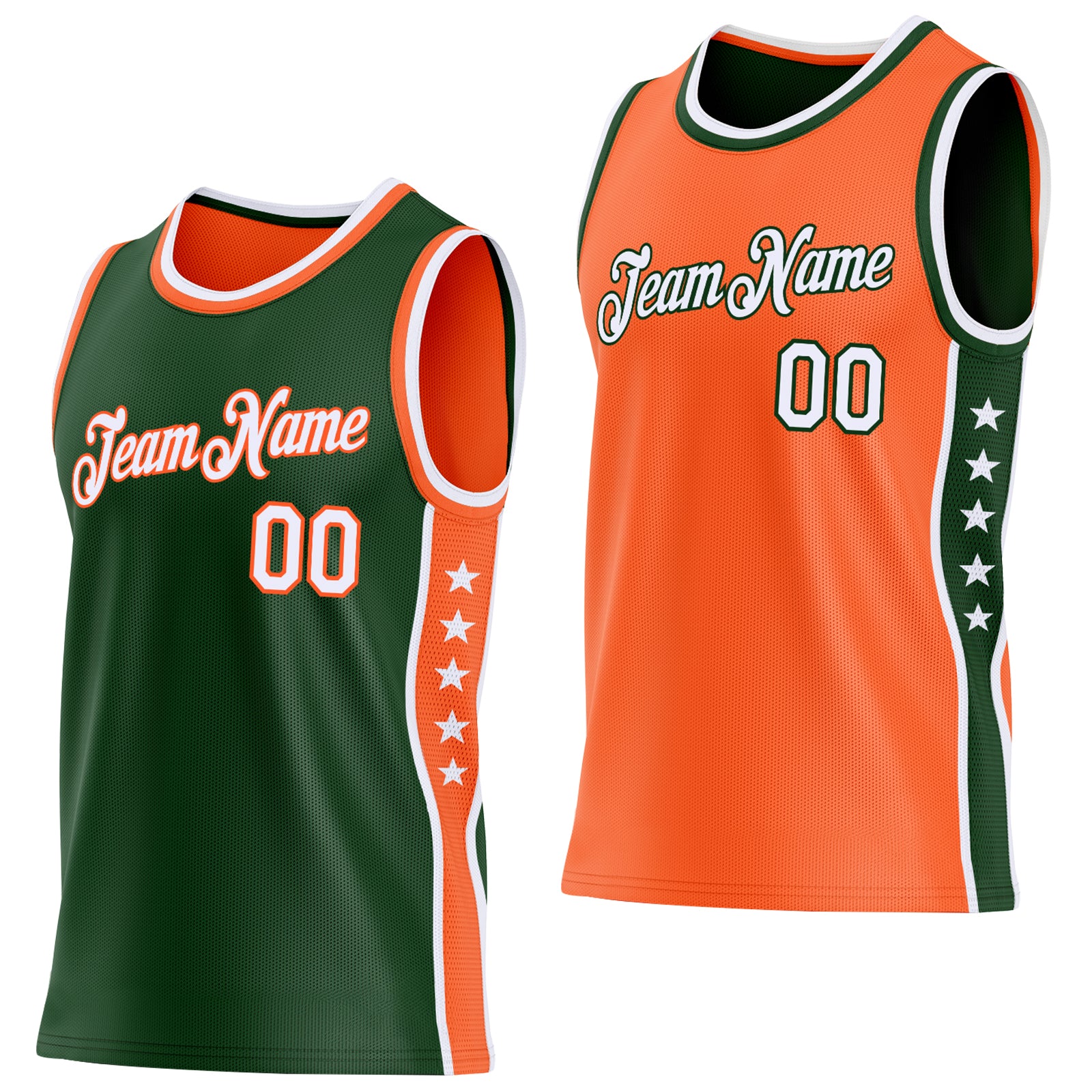 Custom Reversible Green White-Orange Double Side Star Sublimation Basketball Suit Jersey