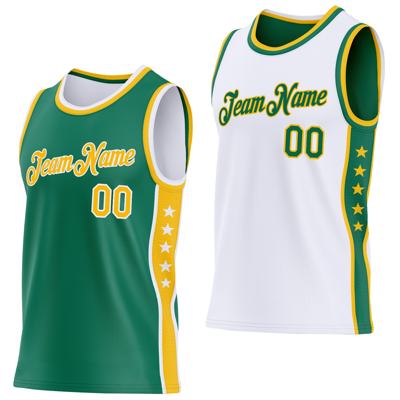 Custom Reversible Kelly Green Gold-White Double Side Star Sublimation Basketball Suit Jersey