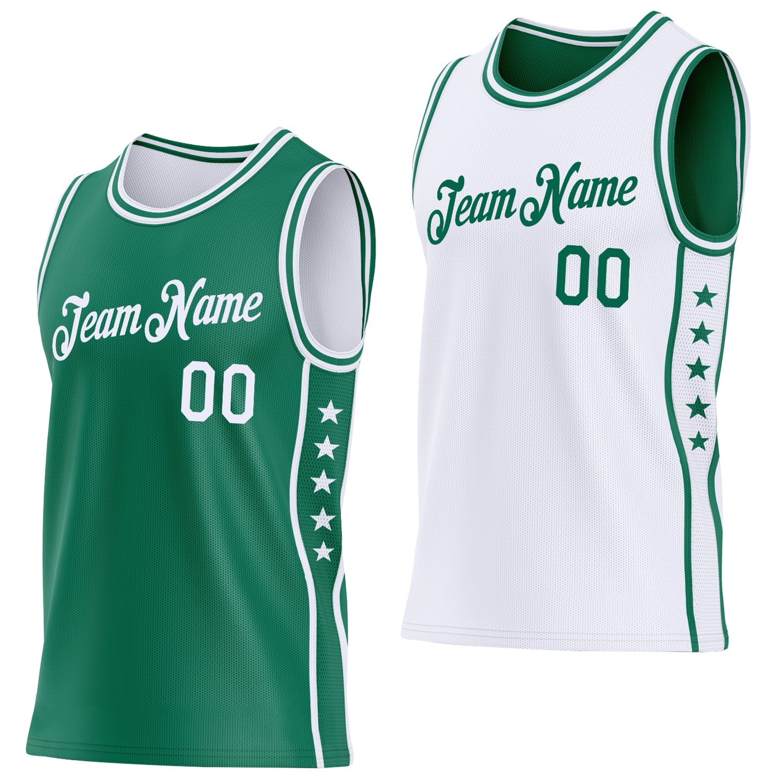 Custom Reversible Kelly Green White Double Side Star Sublimation Basketball Suit Jersey