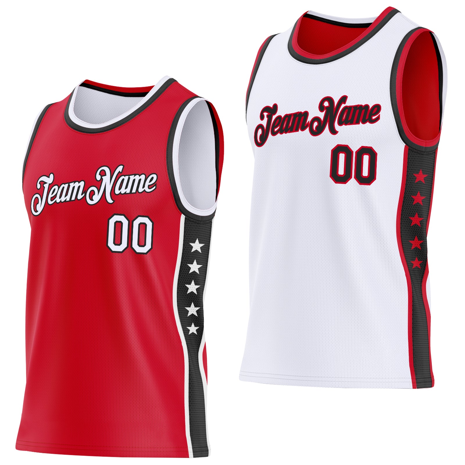 Custom Reversible Red White-Black Double Side Star Sublimation Basketball Suit Jersey