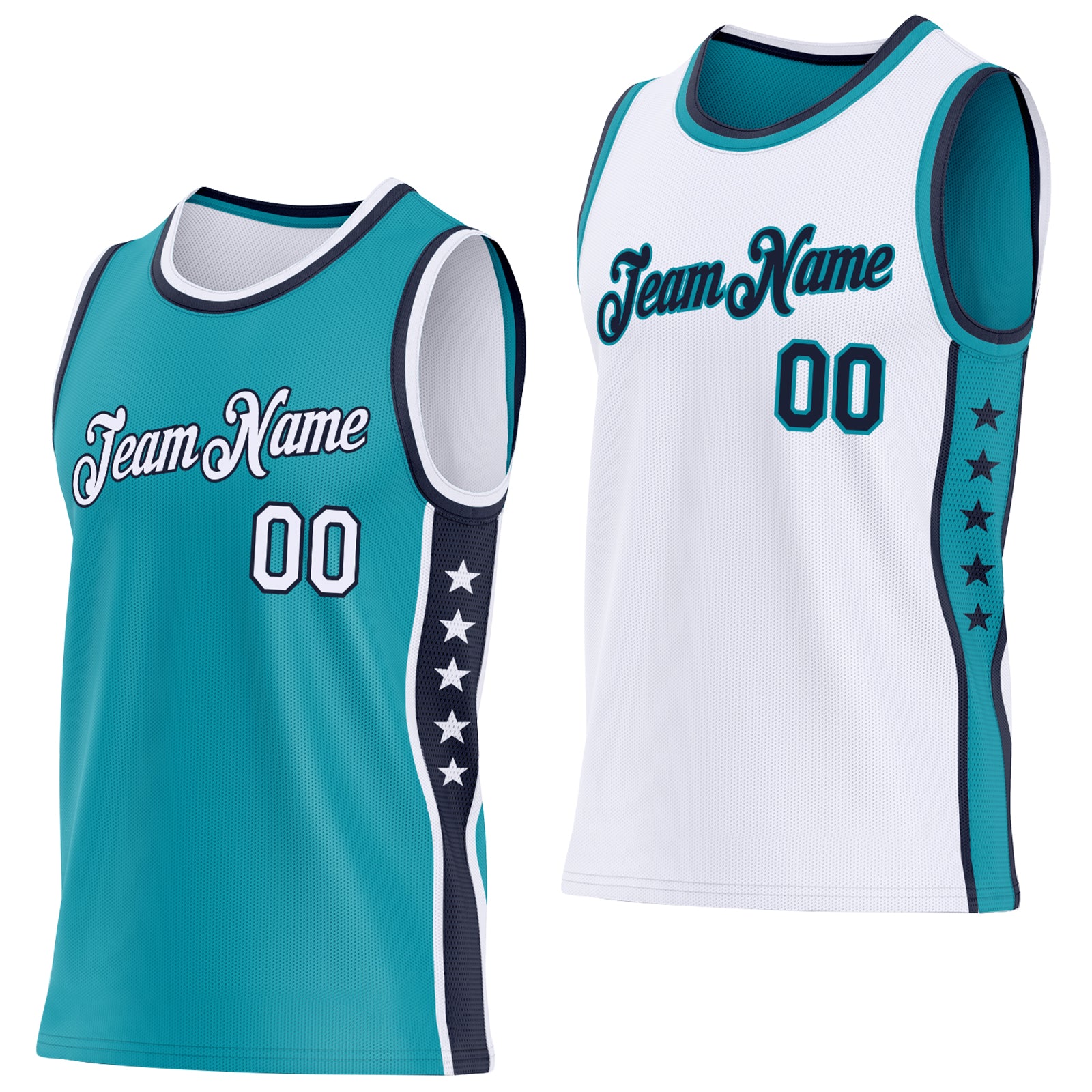 Custom Reversible Teal White-Navy Double Side Star Sublimation Basketball Suit Jersey