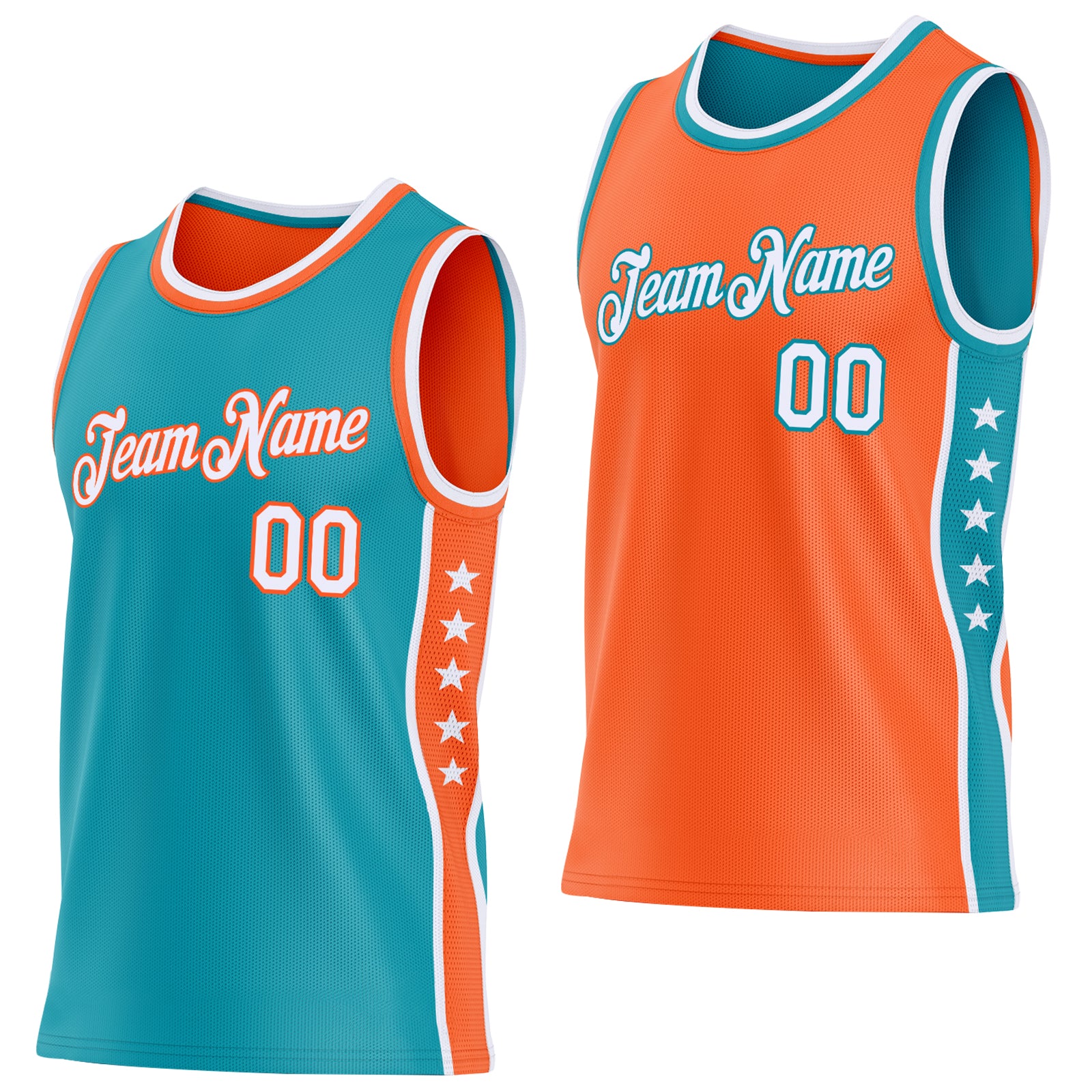 Custom Reversible Teal White-Orange Double Side Star Sublimation Basketball Suit Jersey