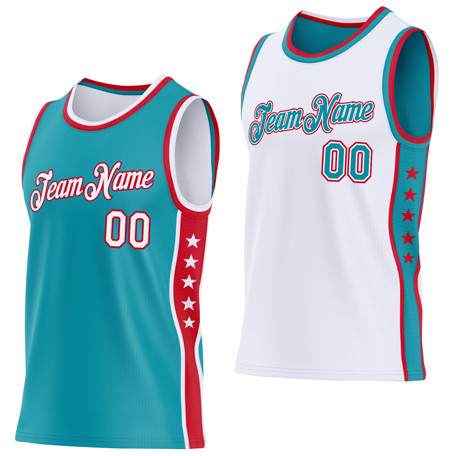 Custom Reversible Teal White-Red Double Side Star Sublimation Basketball Suit Jersey