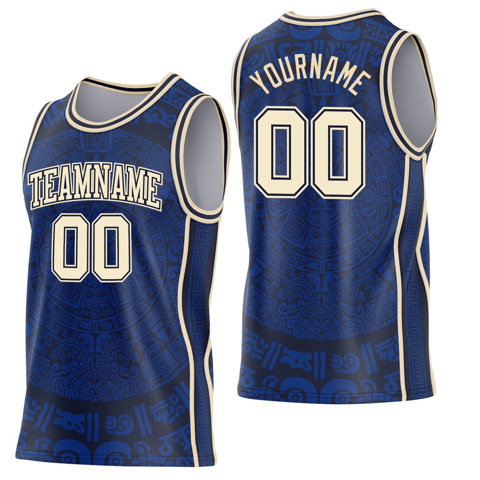 Custom Royal Cream-Navy Tribal Ethnic Aztec Sun Stone Side Panel Stripe Round Neck Sublimation Basketball Set Jersey