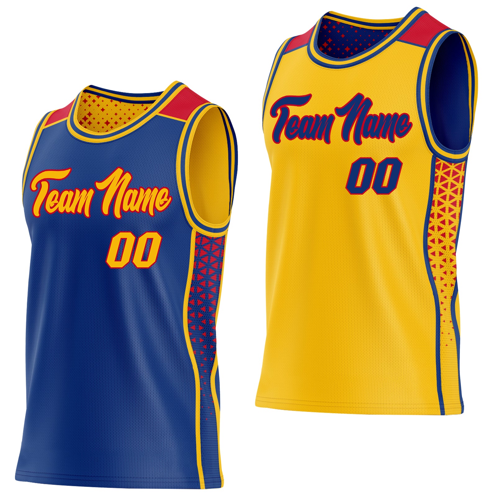 Custom Royal Gold-Red Side Panel Stripe Geometric Triangle Gradient Dot Reversible Double Side Sublimation Basketball Set Jersey
