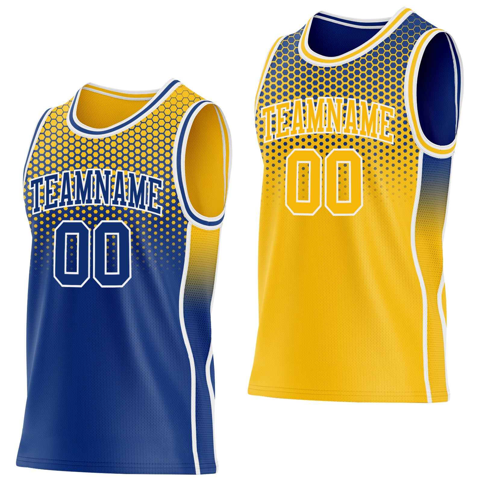 Custom Royal Gold-White Side Panel Stripe Gradient Geometric Honeycomb Reversible Double Side Sublimation Basketball Set Jersey