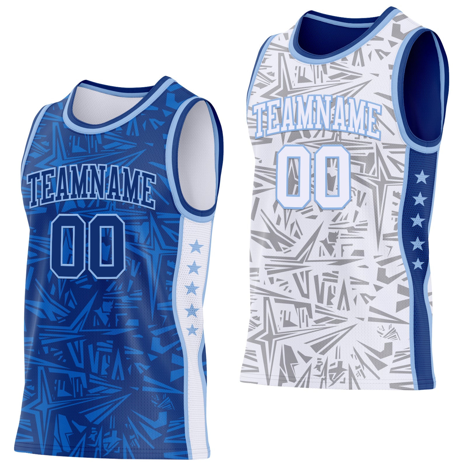 Custom Royal Light Blue-White Side Panel Stripe Stars Geometric Shatter Starburst Reversible Double Side Sublimation Basketball Set Jersey