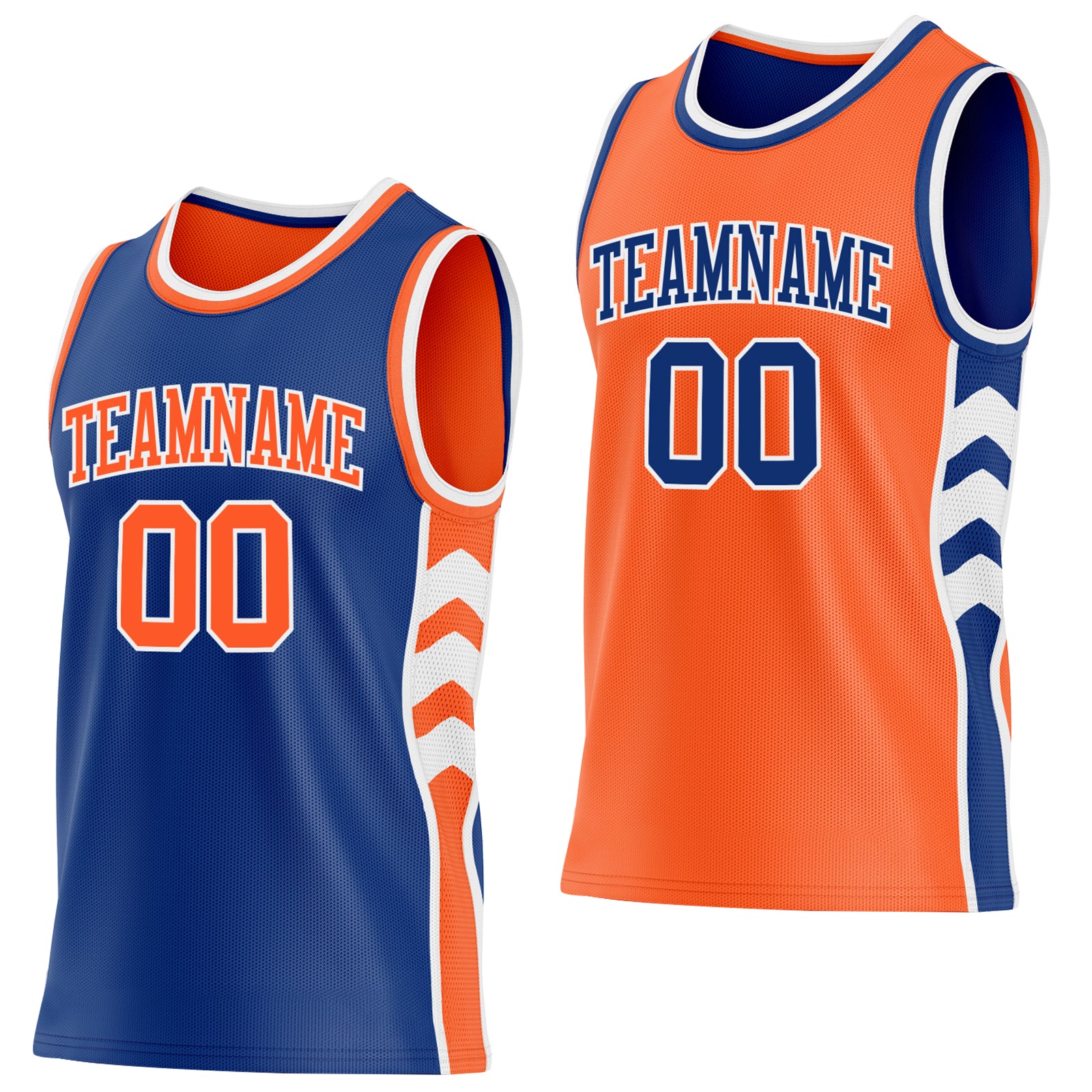 Custom Royal Orange-White Side Panel Geometric Chevron Reversible Double Side Sublimation Basketball Set Jersey
