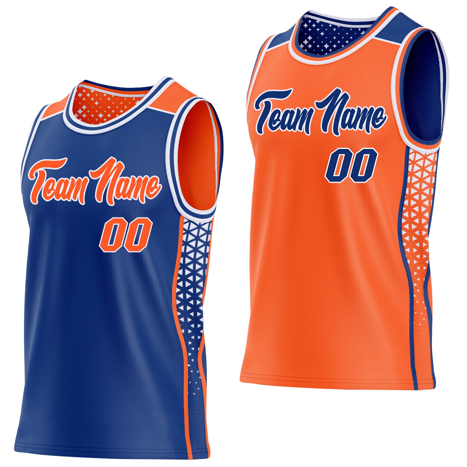 Custom Royal Orange-White Side Panel Stripe Geometric Triangle Gradient Dot Reversible Double Side Sublimation Basketball Set Jersey