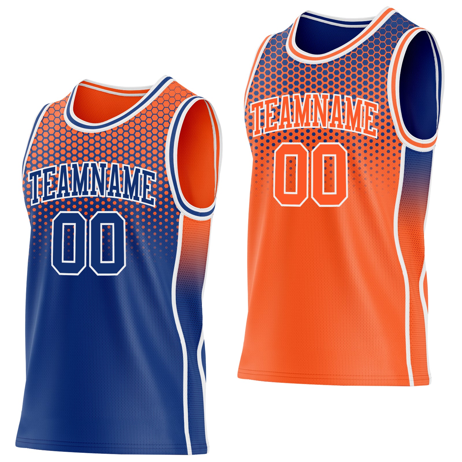 Custom Royal Orange-White Side Panel Stripe Gradient Geometric Honeycomb Reversible Double Side Sublimation Basketball Set Jersey