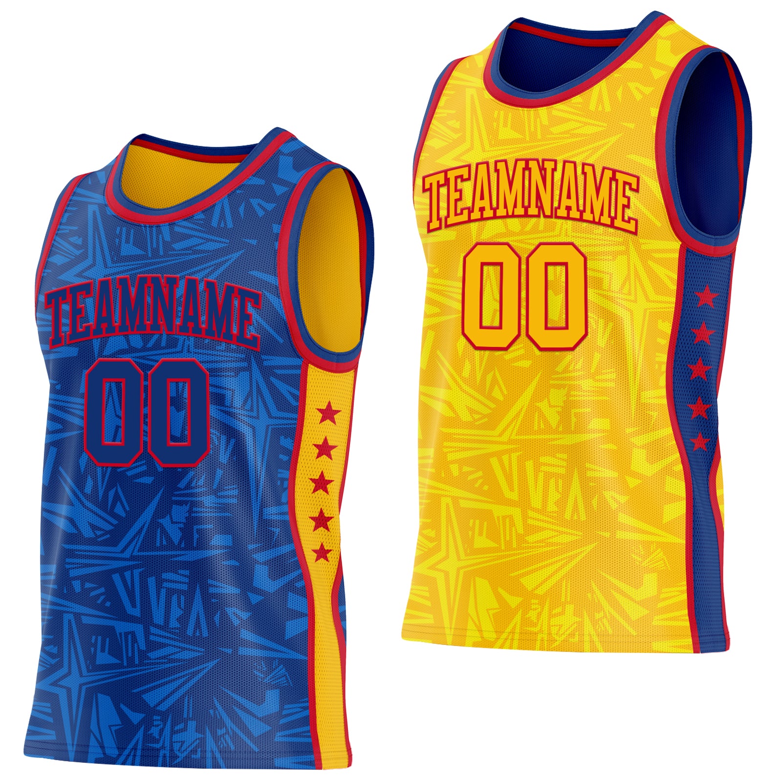 Custom Royal Red-Gold Side Panel Stripe Stars Geometric Shatter Starburst Reversible Double Side Sublimation Basketball Set Jersey