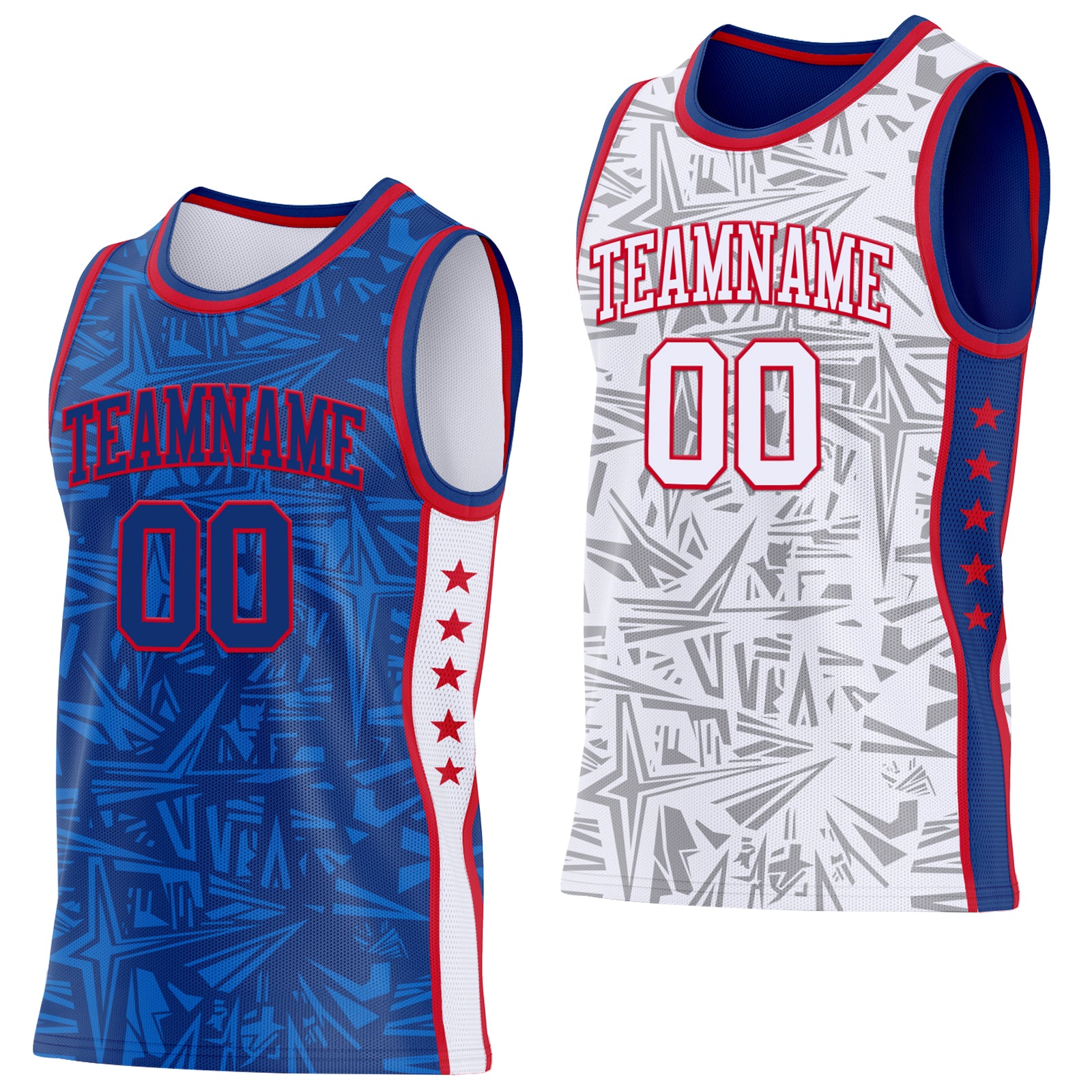 Custom Royal Red-White Side Panel Stripe Stars Geometric Shatter Starburst Reversible Double Side Sublimation Basketball Set Jersey