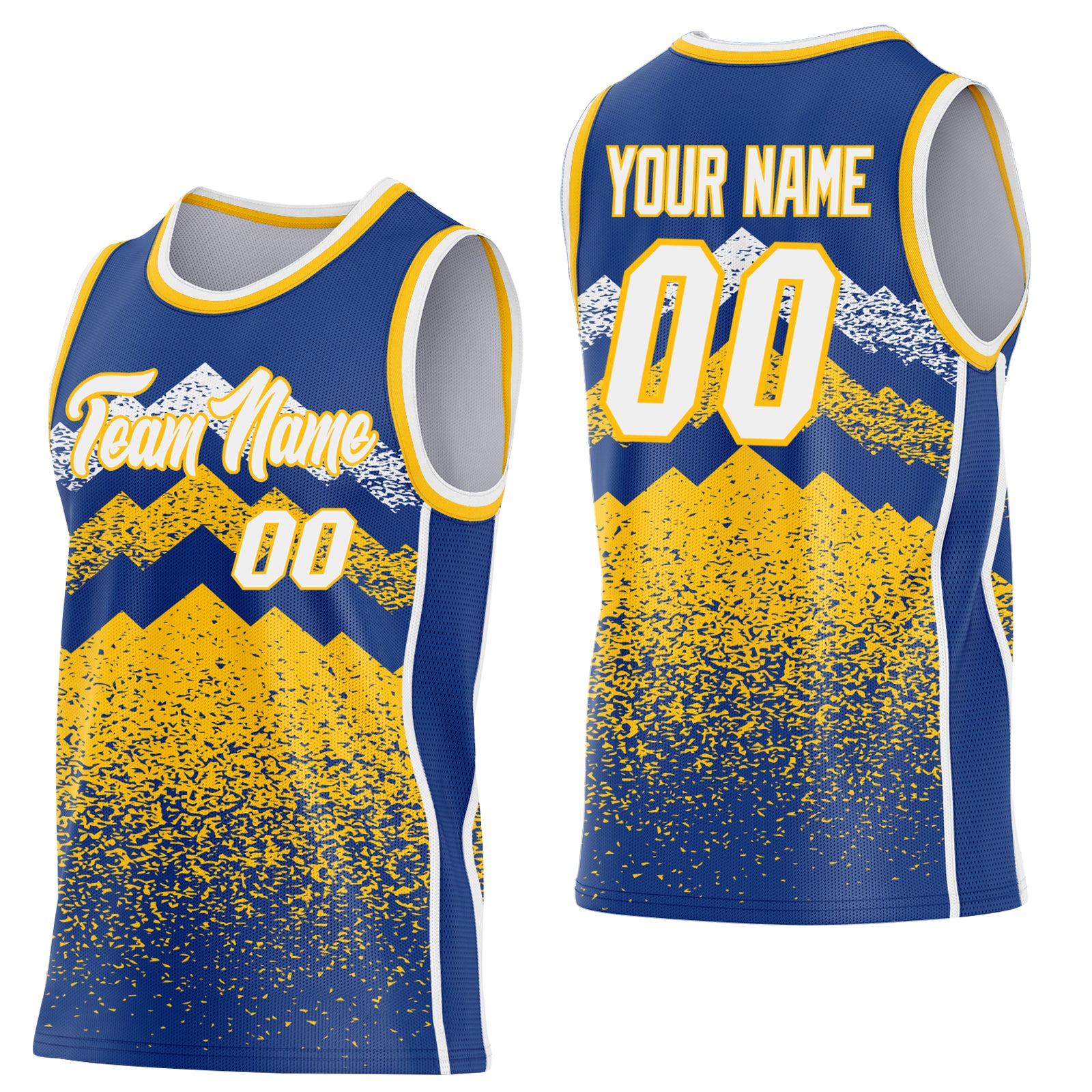 Custom Royal White-Gold Mountain Peak Shards Side Panel Stripe Round Neck Sublimation Basketball Set Jersey