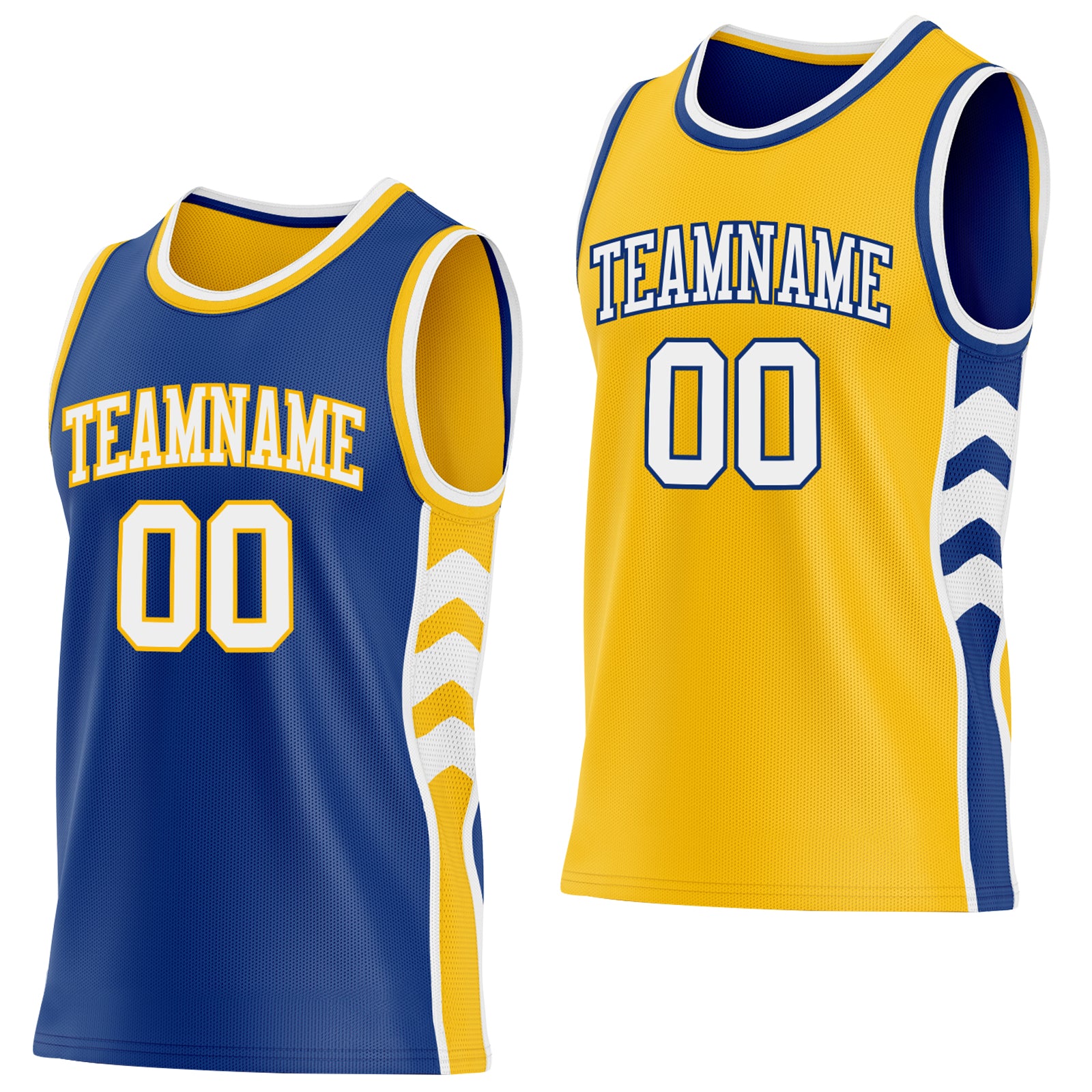 Custom Royal White-Gold Side Panel Geometric Chevron Reversible Double Side Sublimation Basketball Set Jersey