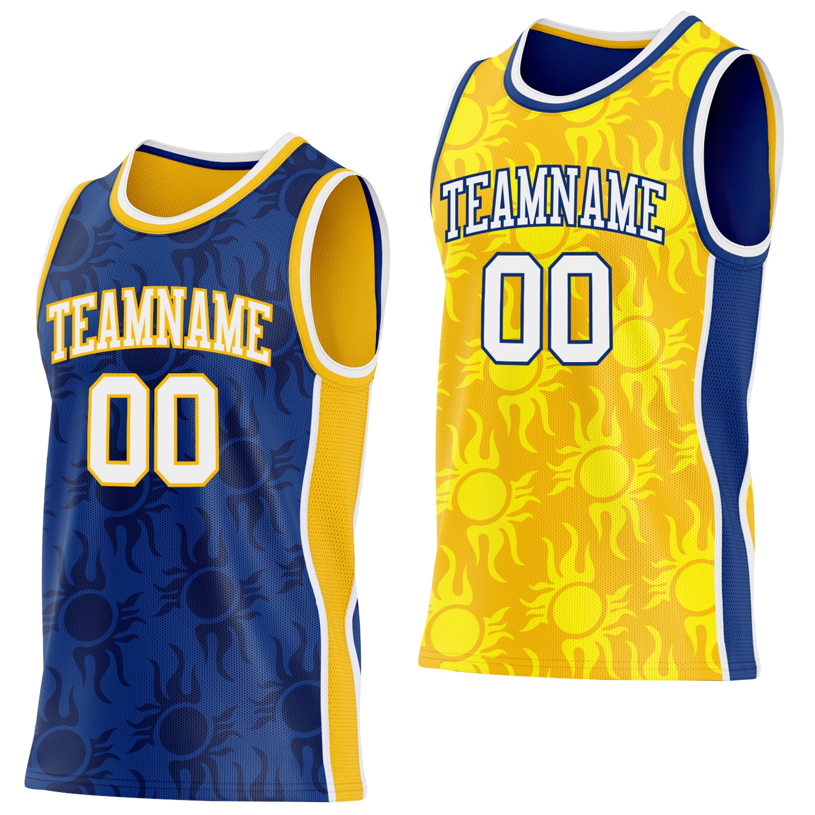 Custom Royal White-Gold Side Panel Stripe Sun Flame Reversible Double Side Sublimation Basketball Set Jersey