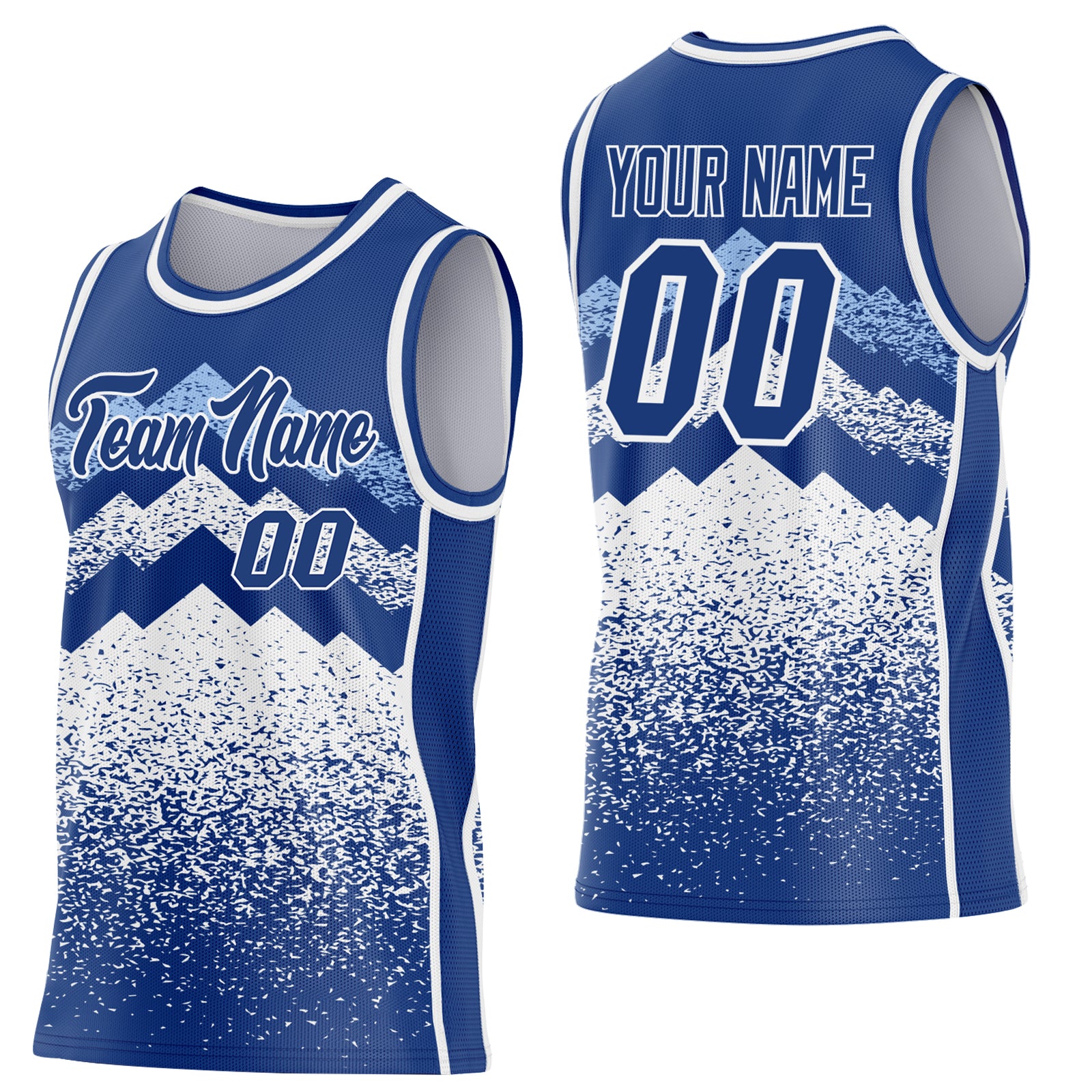 Custom Royal White-Light Blue Mountain Peak Shards Side Panel Stripe Round Neck Sublimation Basketball Set Jersey