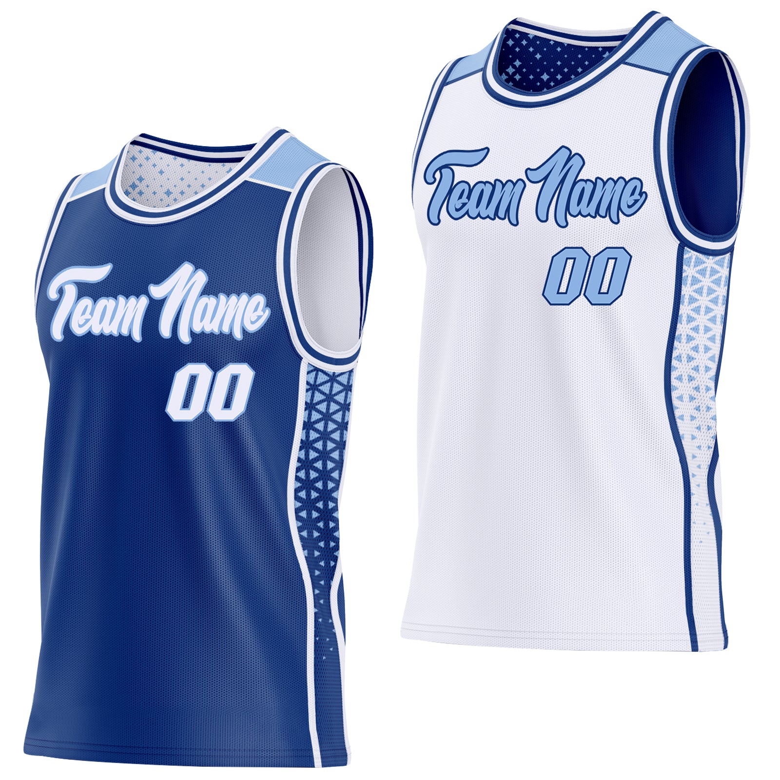 Custom Royal White-Light Blue Side Panel Stripe Geometric Triangle Gradient Dot Reversible Double Side Sublimation Basketball Set Jersey