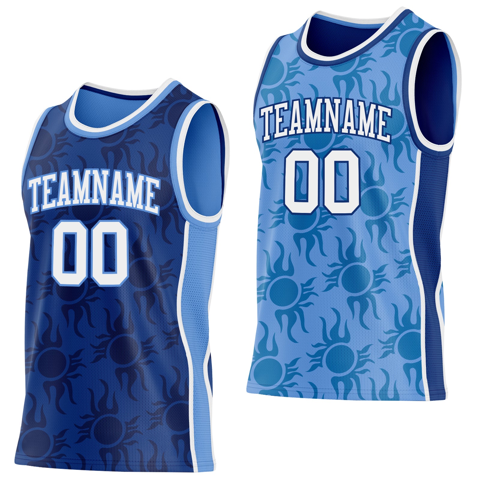 Custom Royal White-Light Blue Side Panel Stripe Sun Flame Reversible Double Side Sublimation Basketball Set Jersey