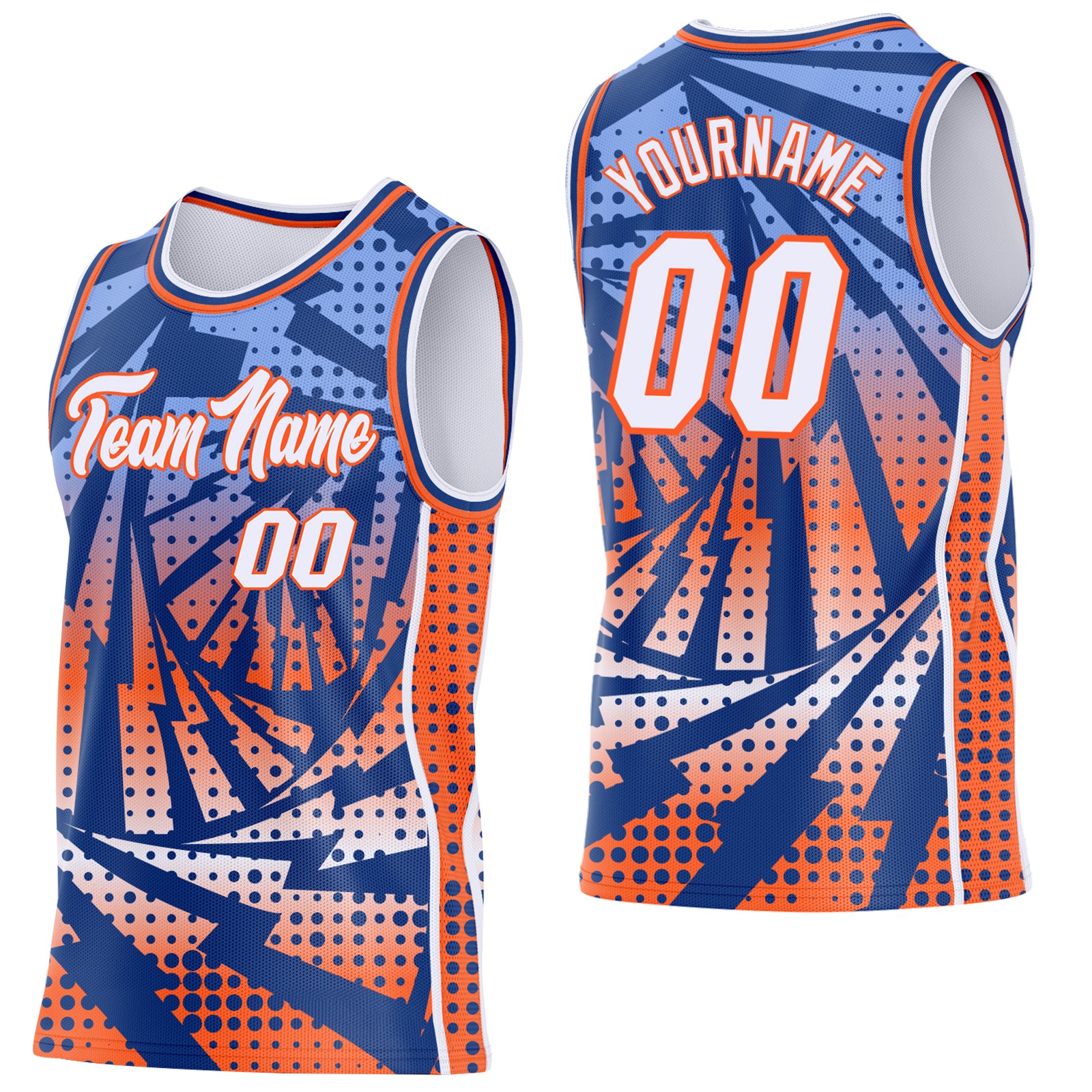 Custom Royal White-Orange Lightning Gradient Dot Side Panel Stripe Round Neck Sublimation Basketball Set Jersey