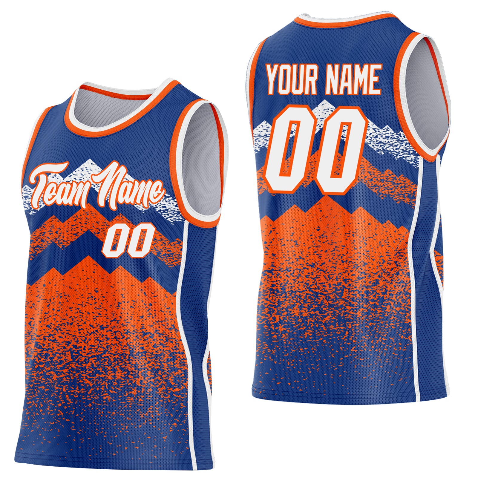 Custom Royal White-Orange Mountain Peak Shards Side Panel Stripe Round Neck Sublimation Basketball Set Jersey