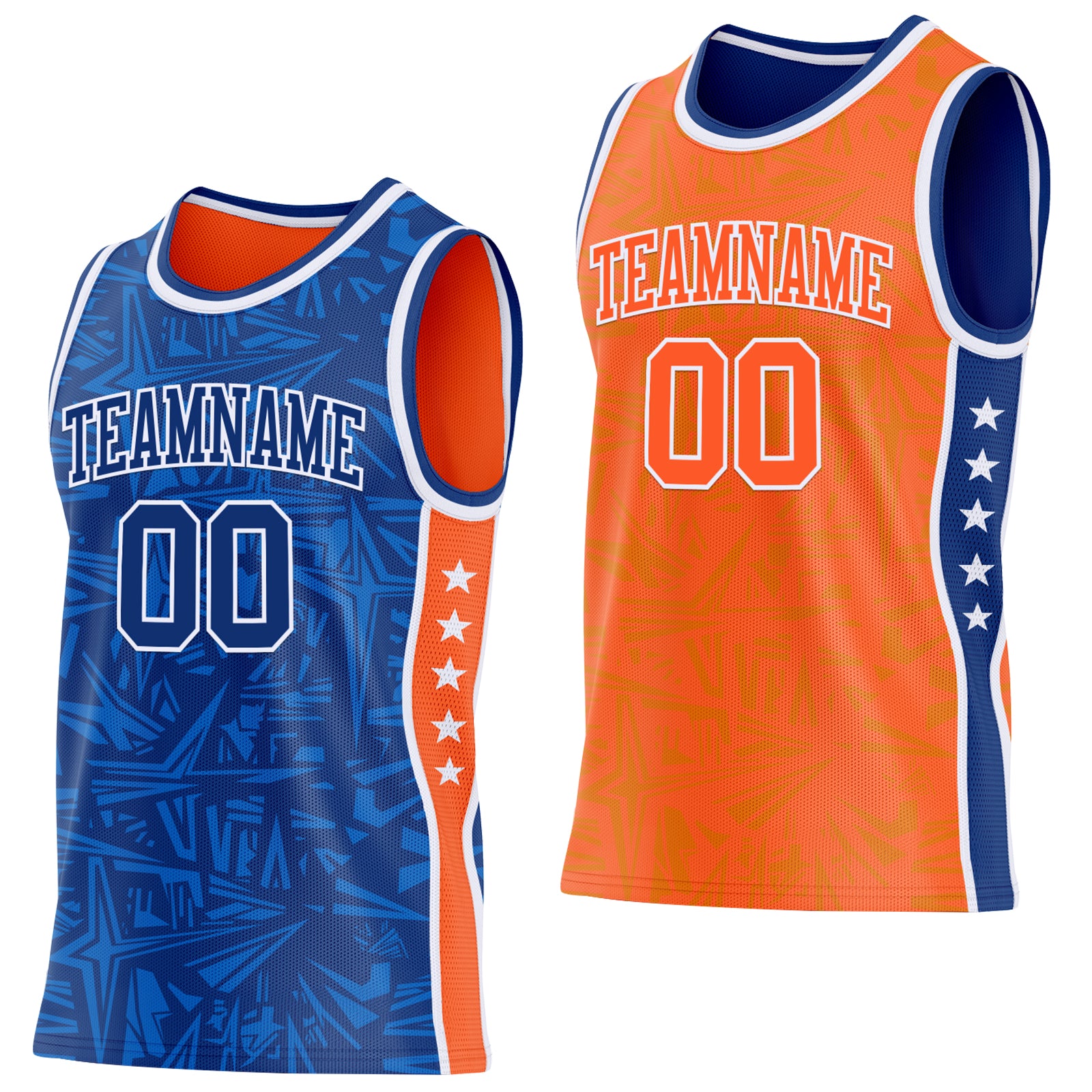Custom Royal White-Orange Side Panel Stripe Stars Geometric Shatter Starburst Reversible Double Side Sublimation Basketball Set Jersey