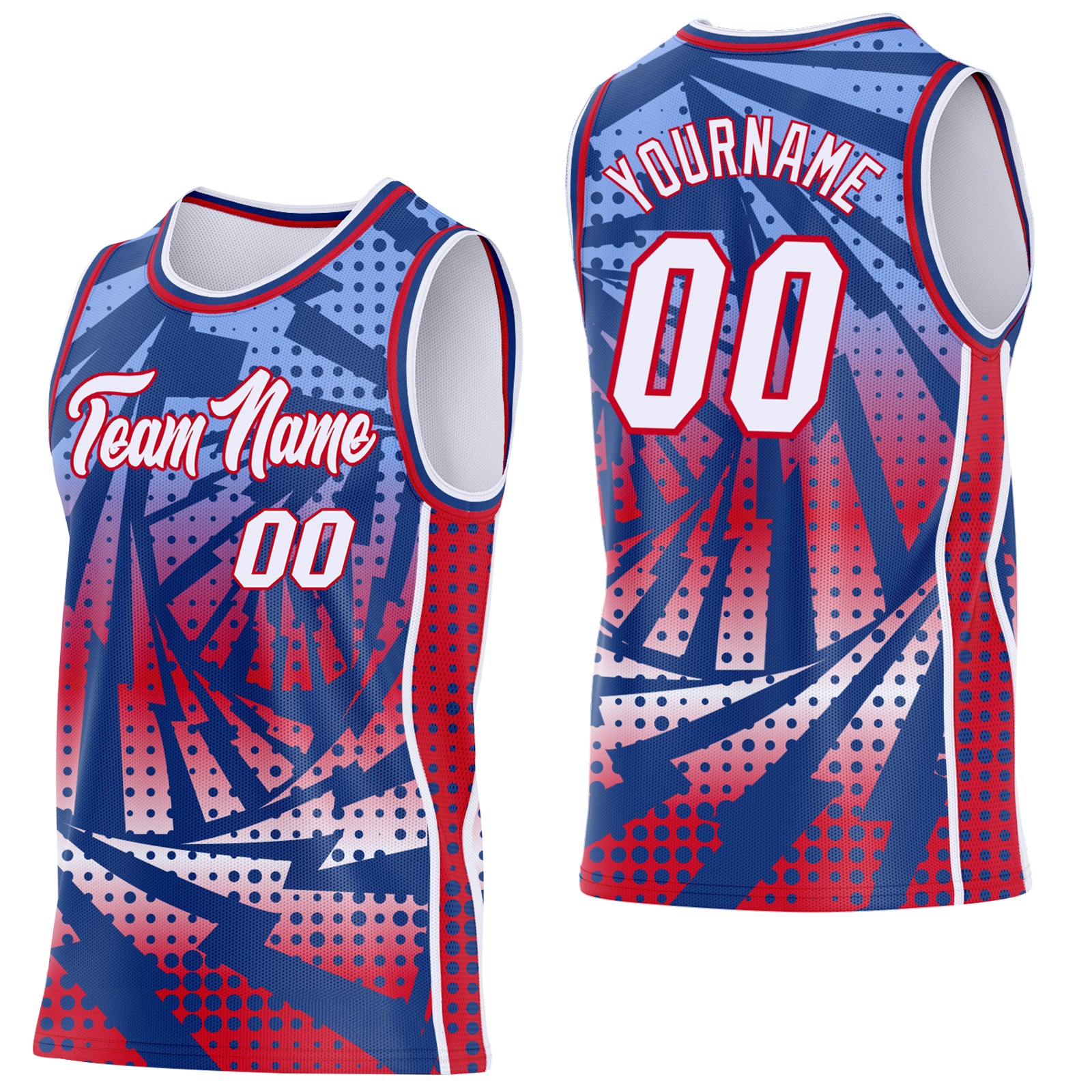 Custom Royal White-Red Lightning Gradient Dot Side Panel Stripe Round Neck Sublimation Basketball Set Jersey