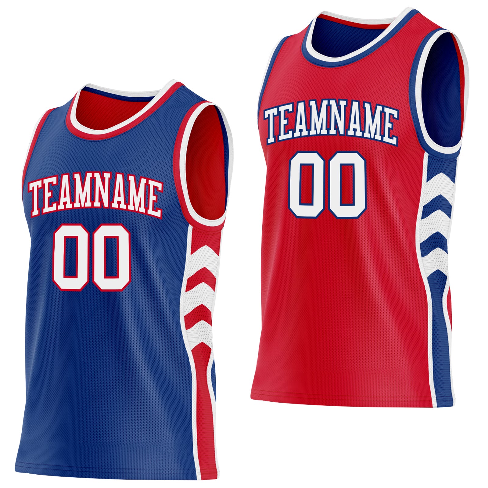 Custom Royal White-Red Side Panel Geometric Chevron Reversible Double Side Sublimation Basketball Set Jersey