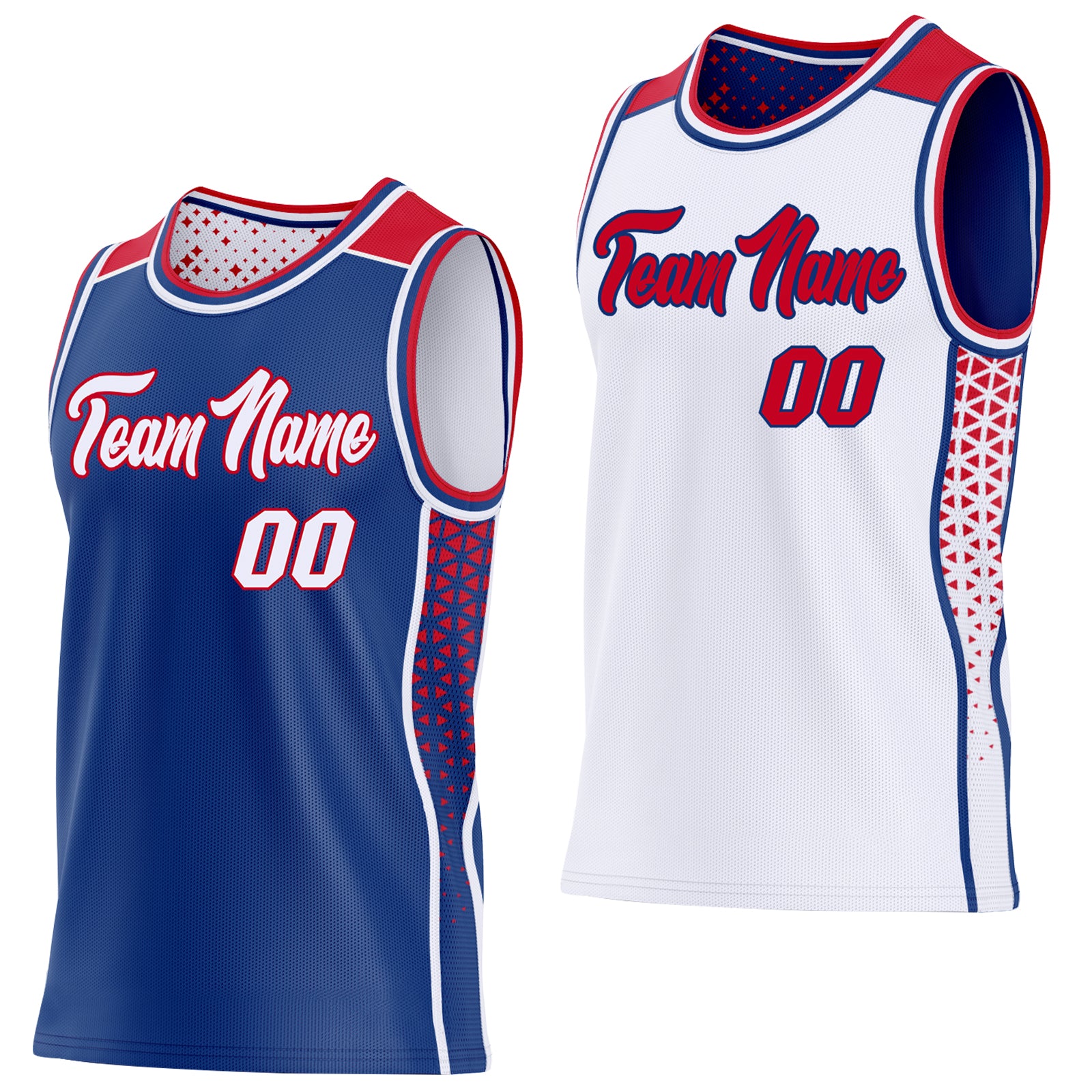 Custom Royal White-Red Side Panel Stripe Geometric Triangle Gradient Dot Reversible Double Side Sublimation Basketball Set Jersey