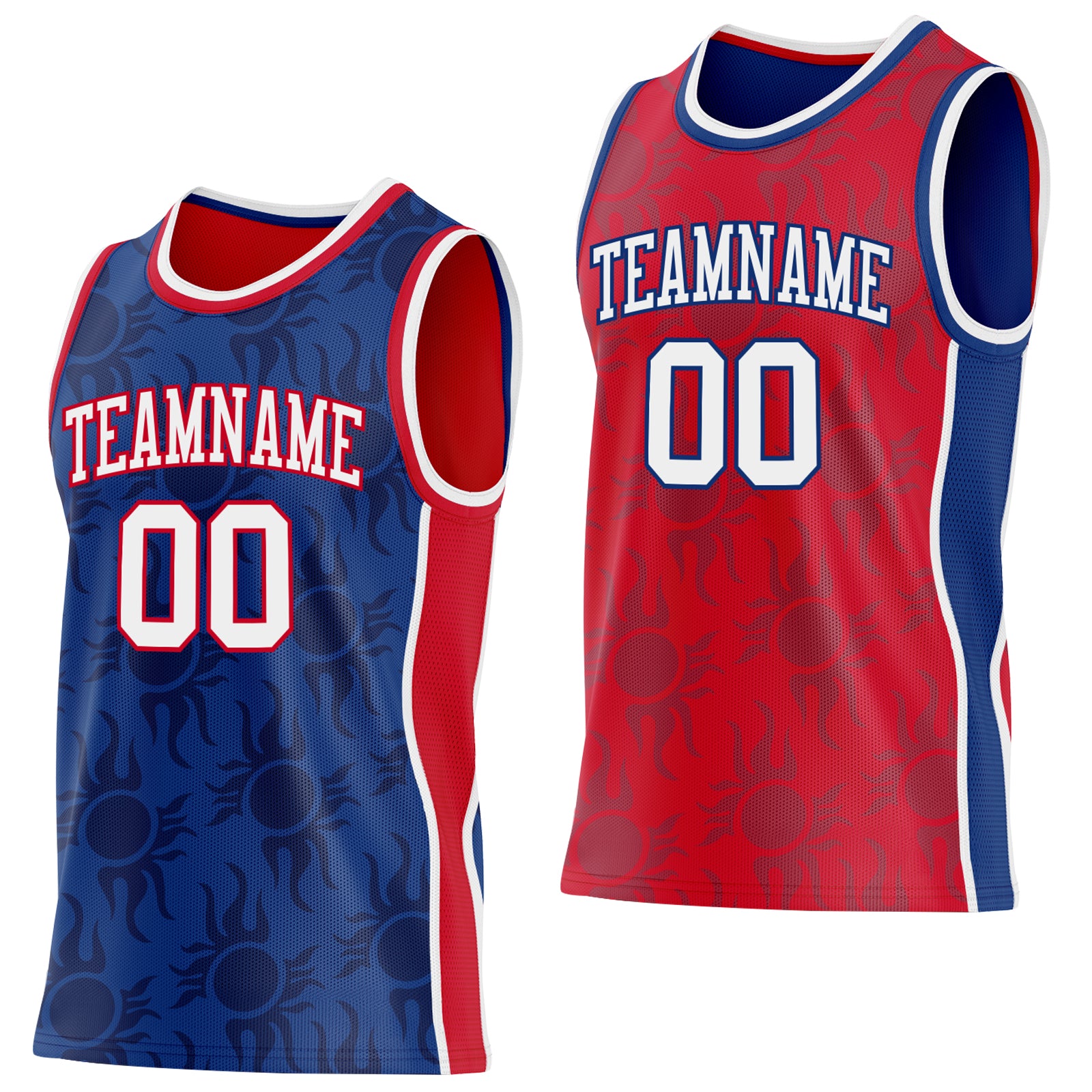 Custom Royal White-Red Side Panel Stripe Sun Flame Reversible Double Side Sublimation Basketball Set Jersey