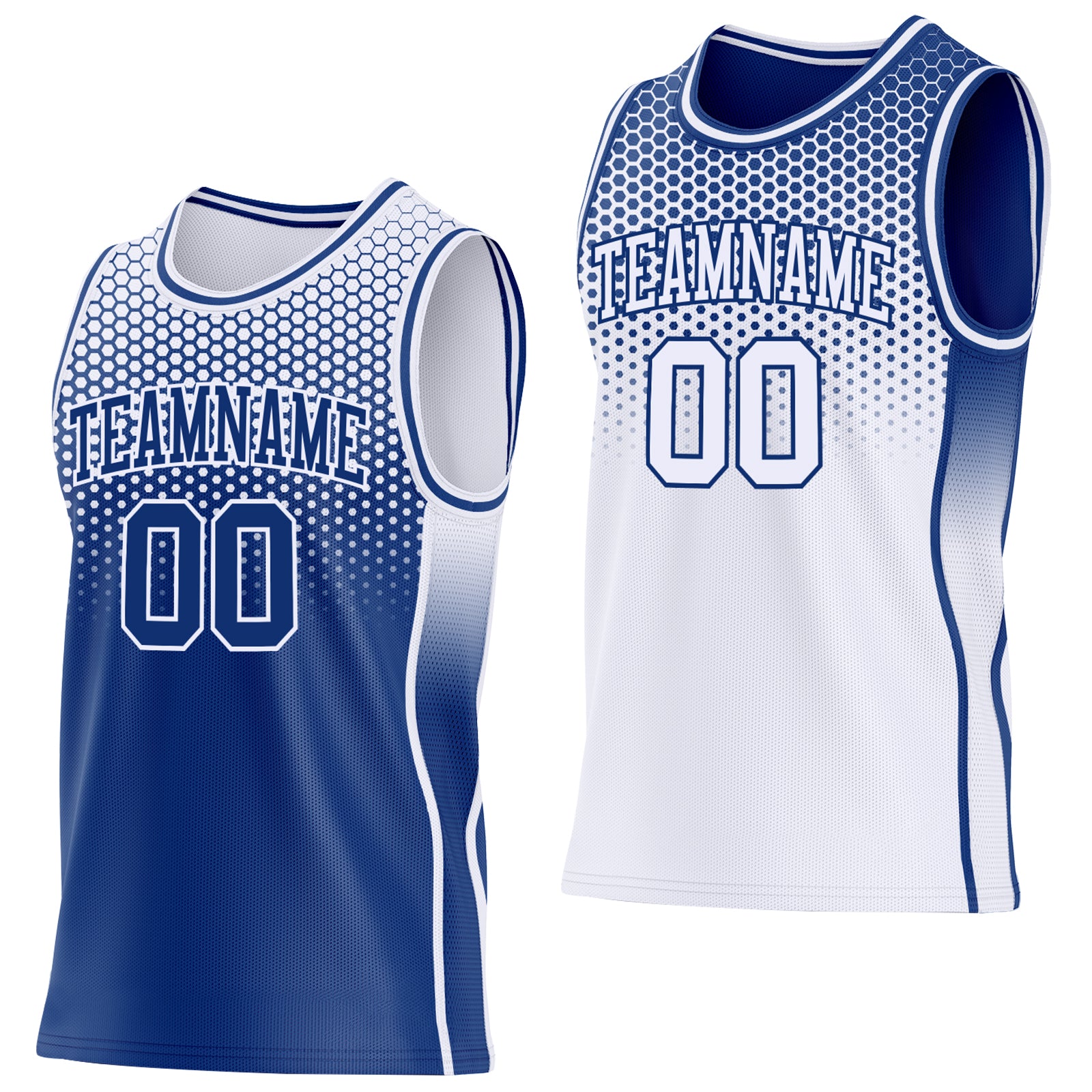 Custom Royal-White Side Panel Stripe Gradient Geometric Honeycomb Reversible Double Side Sublimation Basketball Set Jersey
