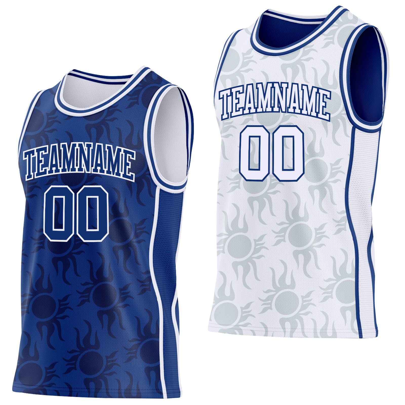 Custom Royal-White Side Panel Stripe Sun Flame Reversible Double Side Sublimation Basketball Set Jersey