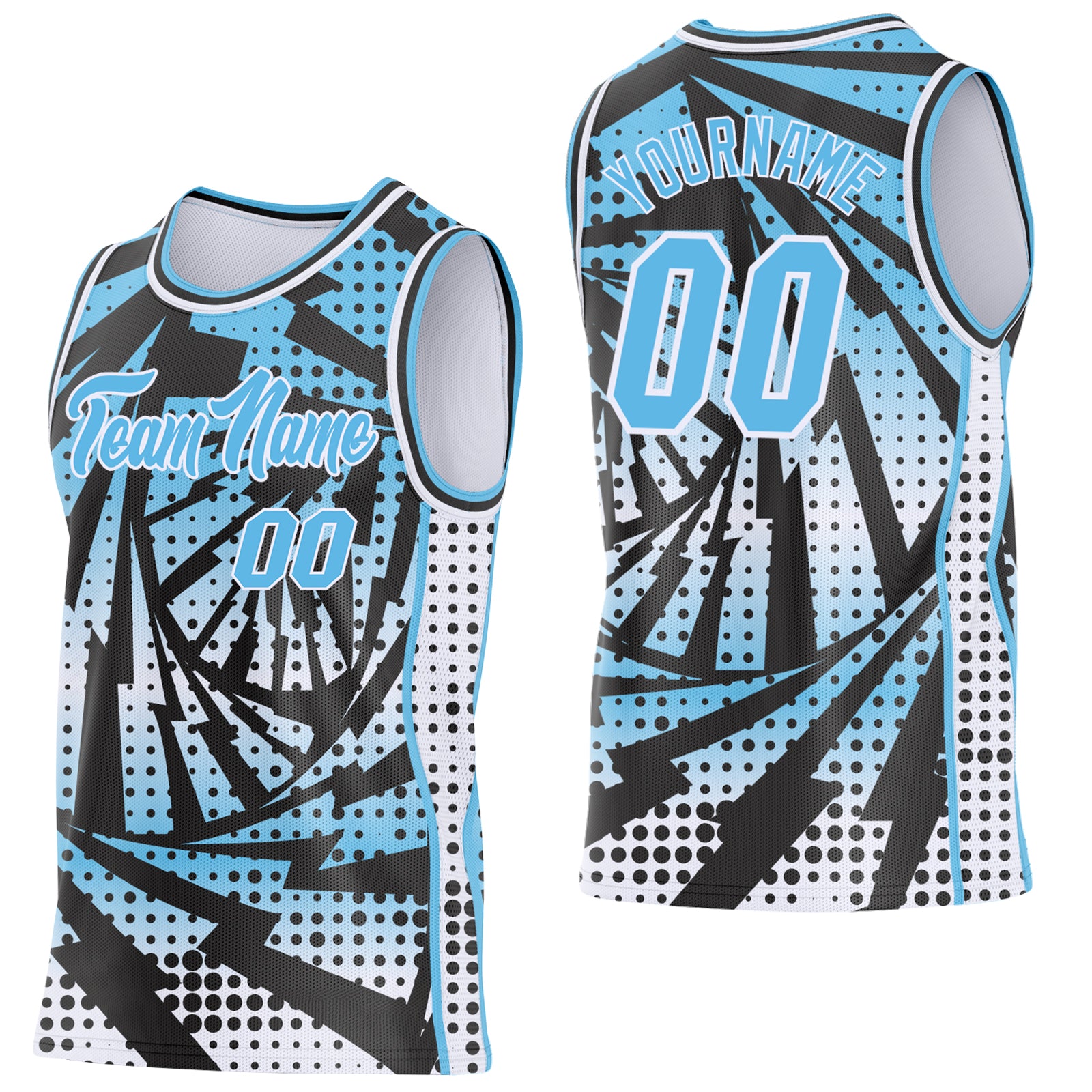 Custom Sky Blue Black-White Lightning Gradient Dot Side Panel Stripe Round Neck Sublimation Basketball Set Jersey