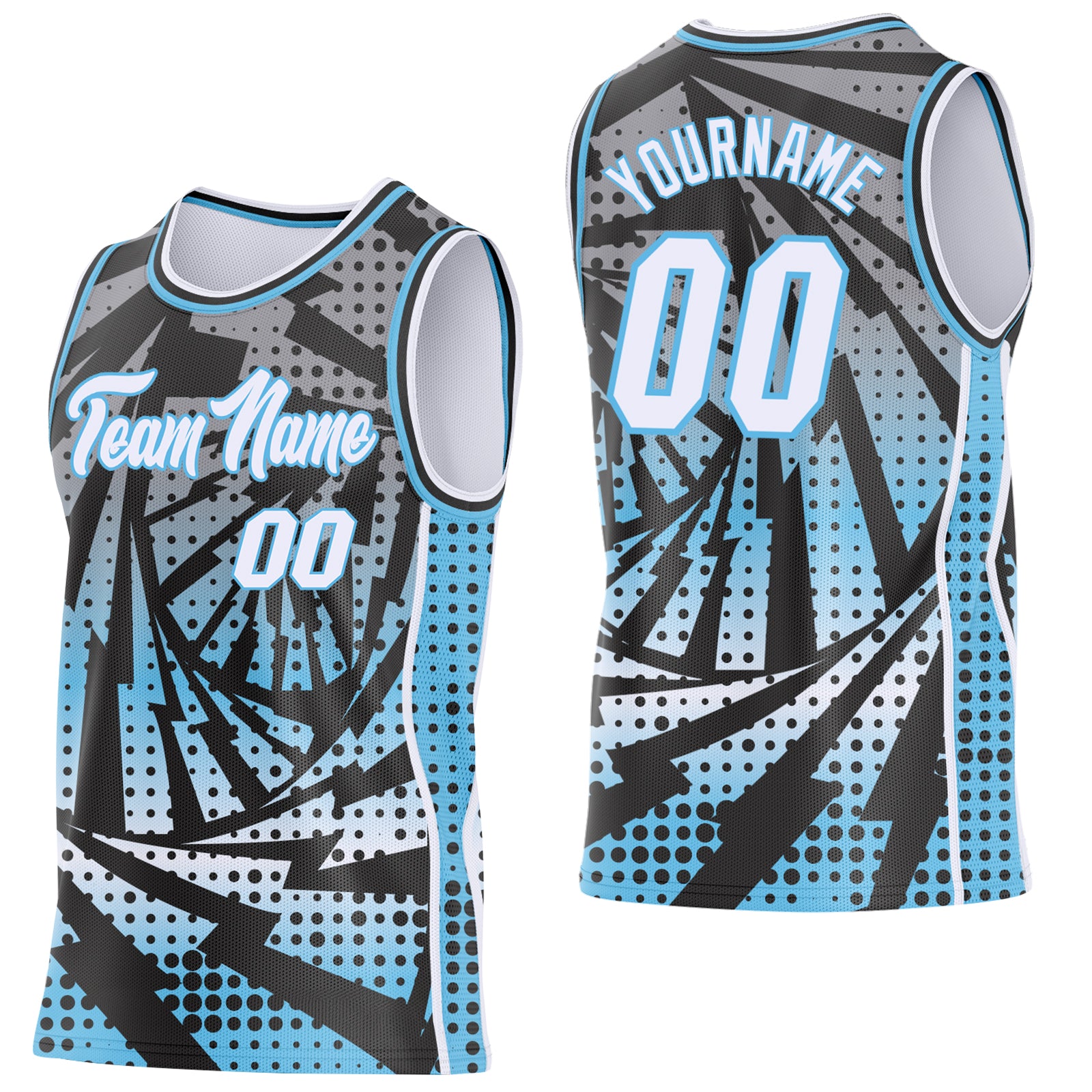 Custom Sky Blue White-Black Lightning Gradient Dot Side Panel Stripe Round Neck Sublimation Basketball Set Jersey