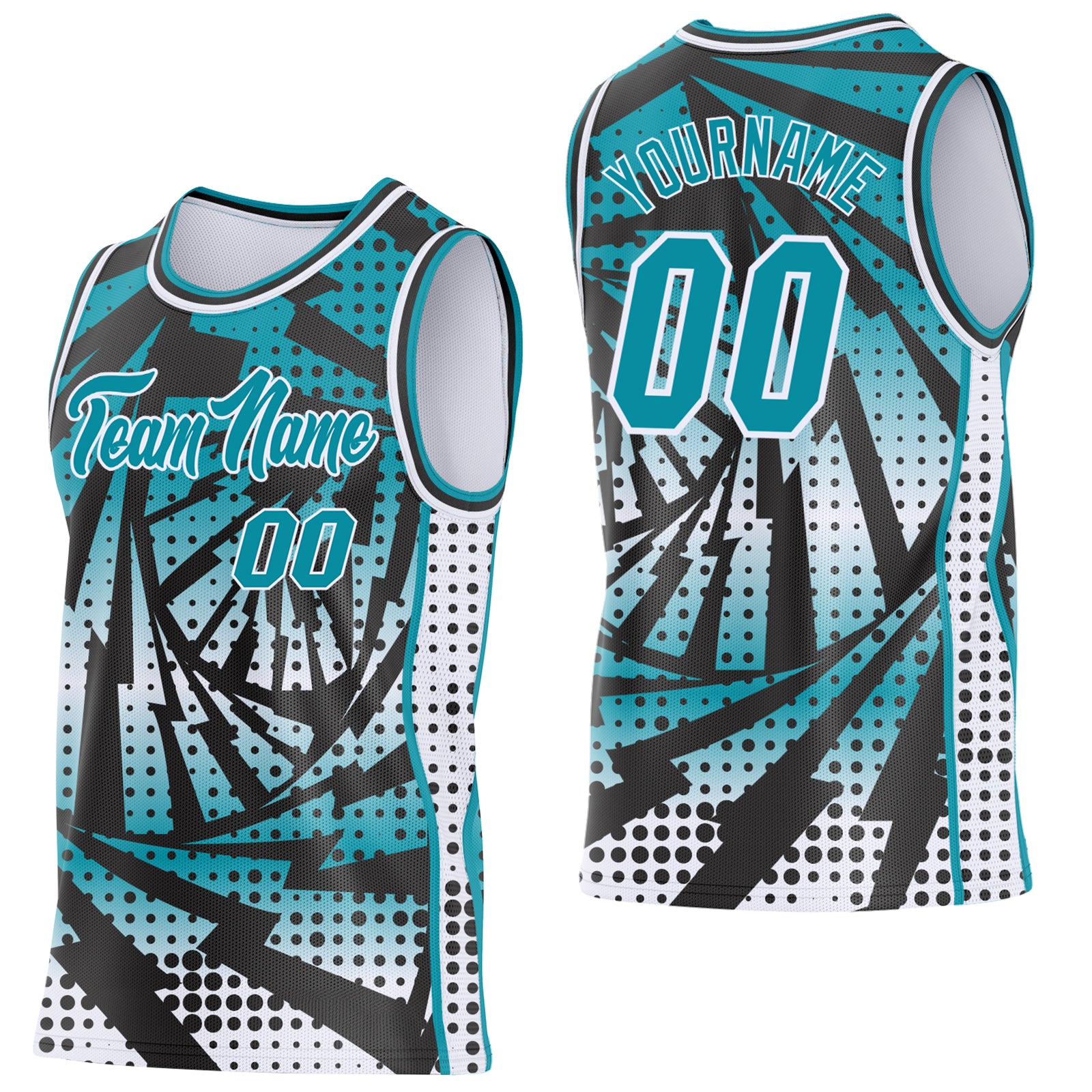 Custom Teal Black-White Lightning Gradient Dot Side Panel Stripe Round Neck Sublimation Basketball Set Jersey