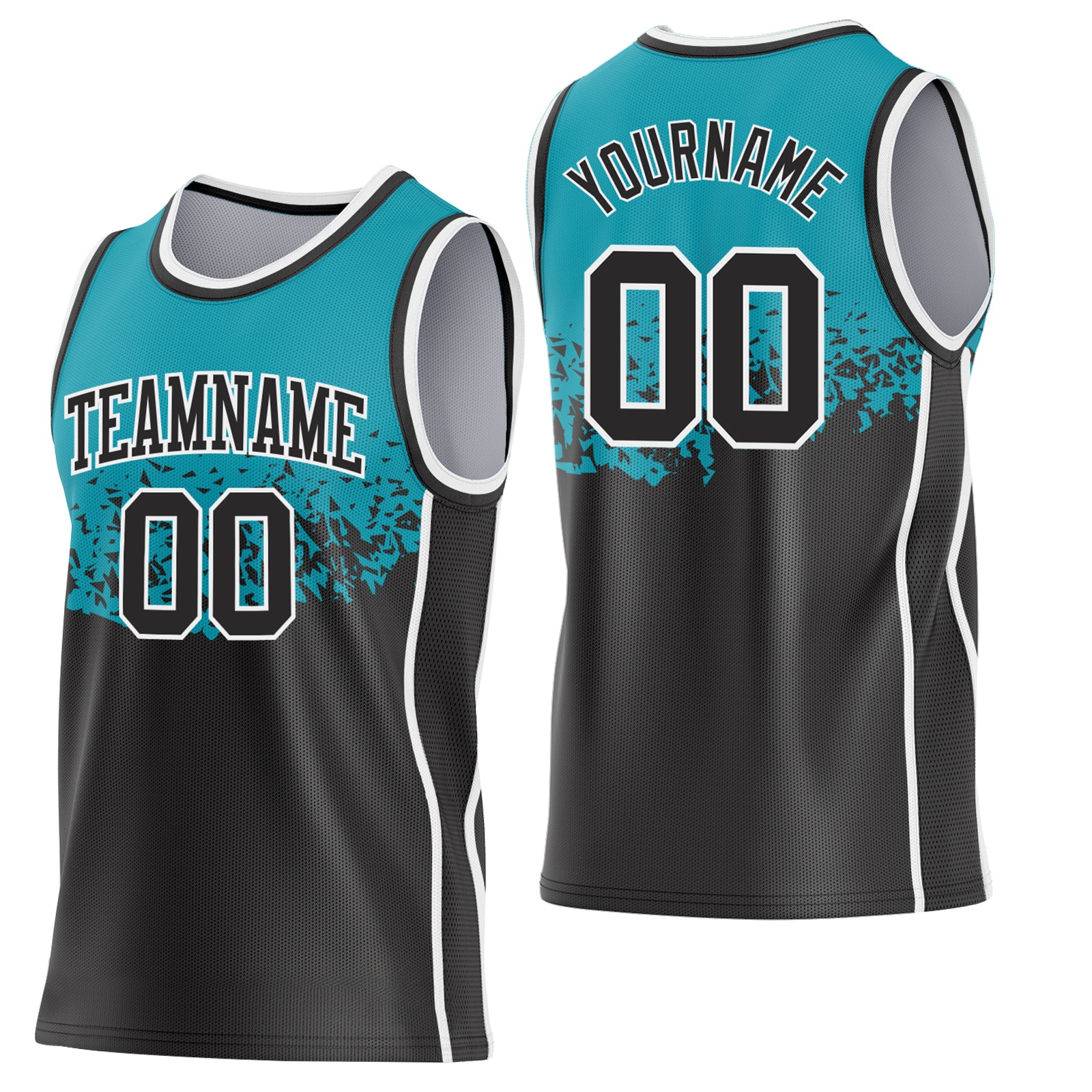 Custom Teal Black-White Shattered Geometric Side Panel Stripe Round Neck Sublimation Basketball Set Jersey