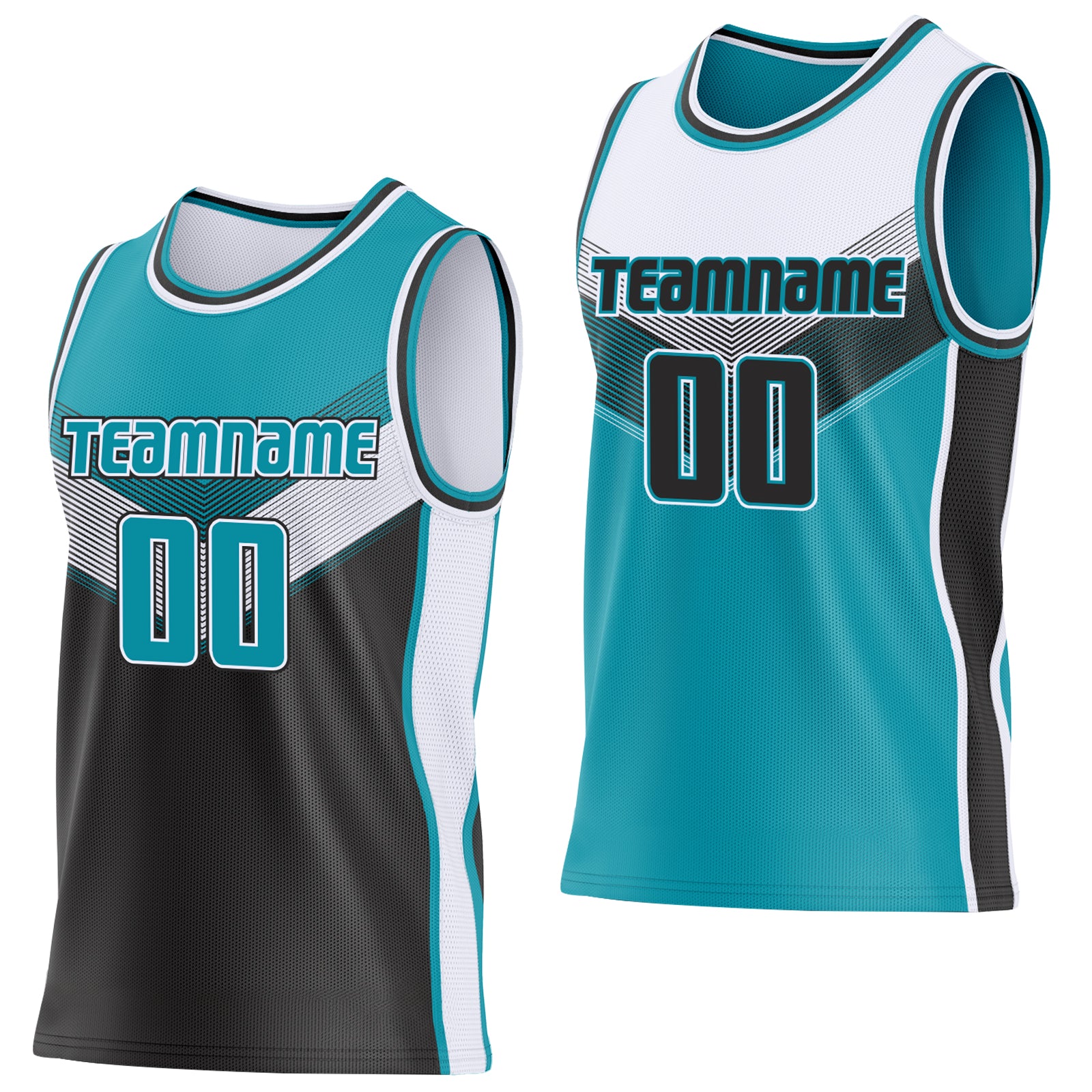 Custom Teal Black-White Side Panel Stripe Geometric V-Cut Color Block Reversible Double Side Sublimation Basketball Set Jersey