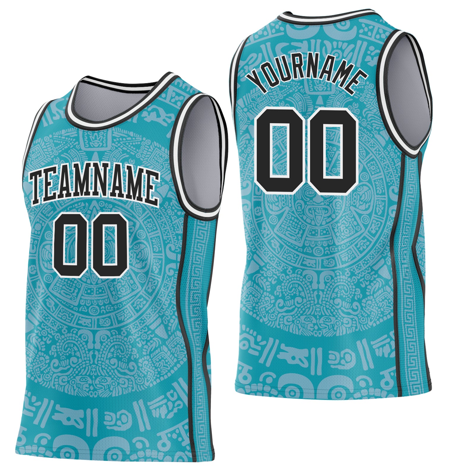 Custom Teal Black-White Tribal Ethnic Aztec Sun Stone Side Panel Stripe Round Neck Sublimation Basketball Set Jersey