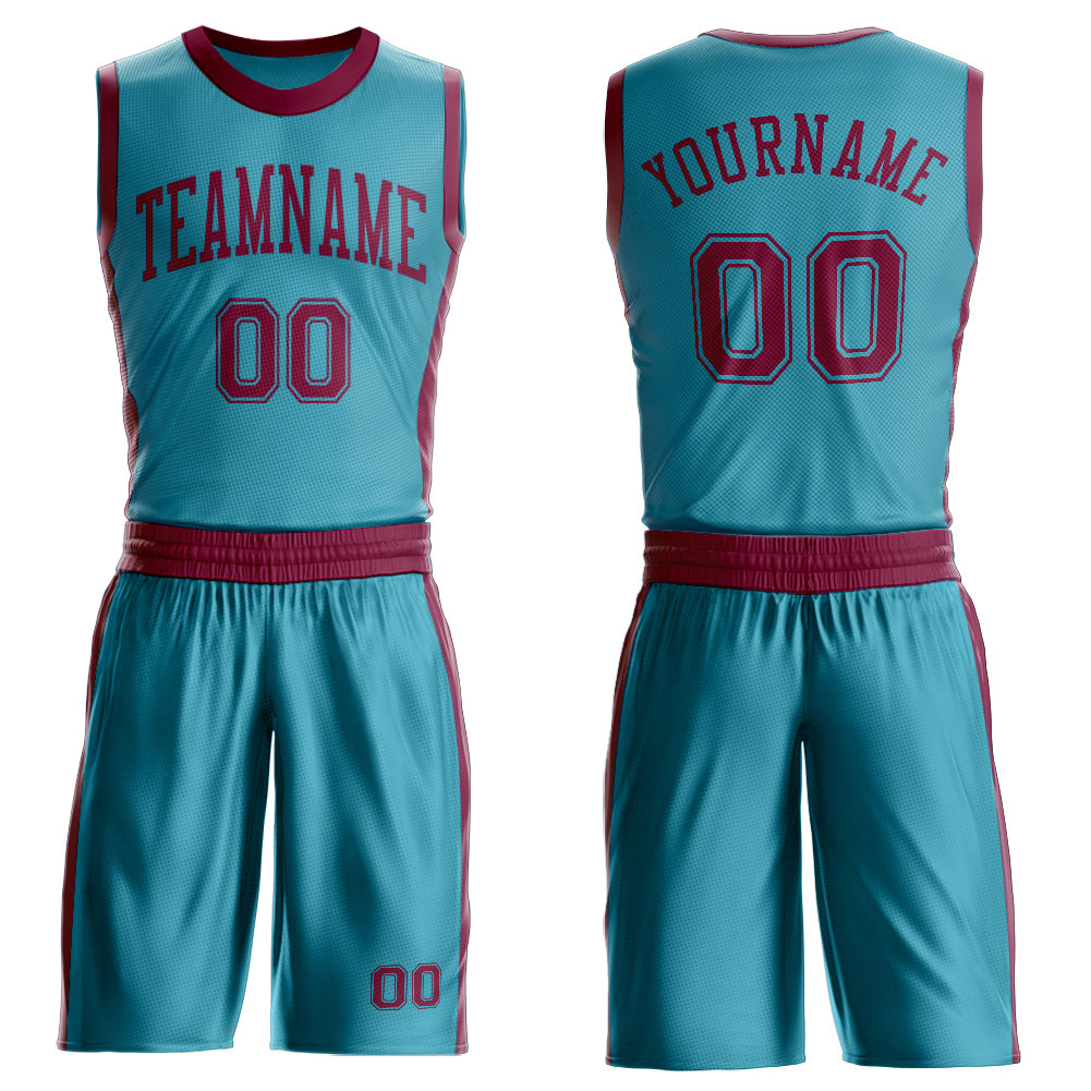 Custom Teal Maroon Round Neck Suit Basketball Jersey
