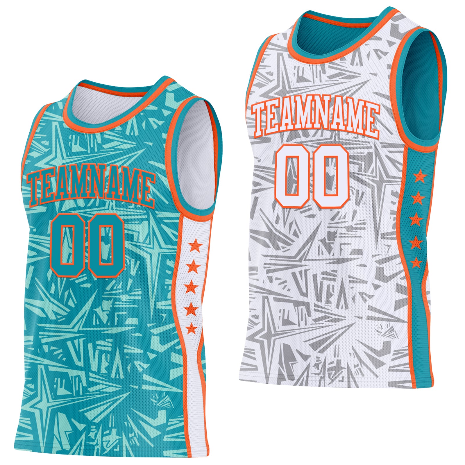 Custom Teal Orange-White Side Panel Stripe Stars Geometric Shatter Starburst Reversible Double Side Sublimation Basketball Set Jersey