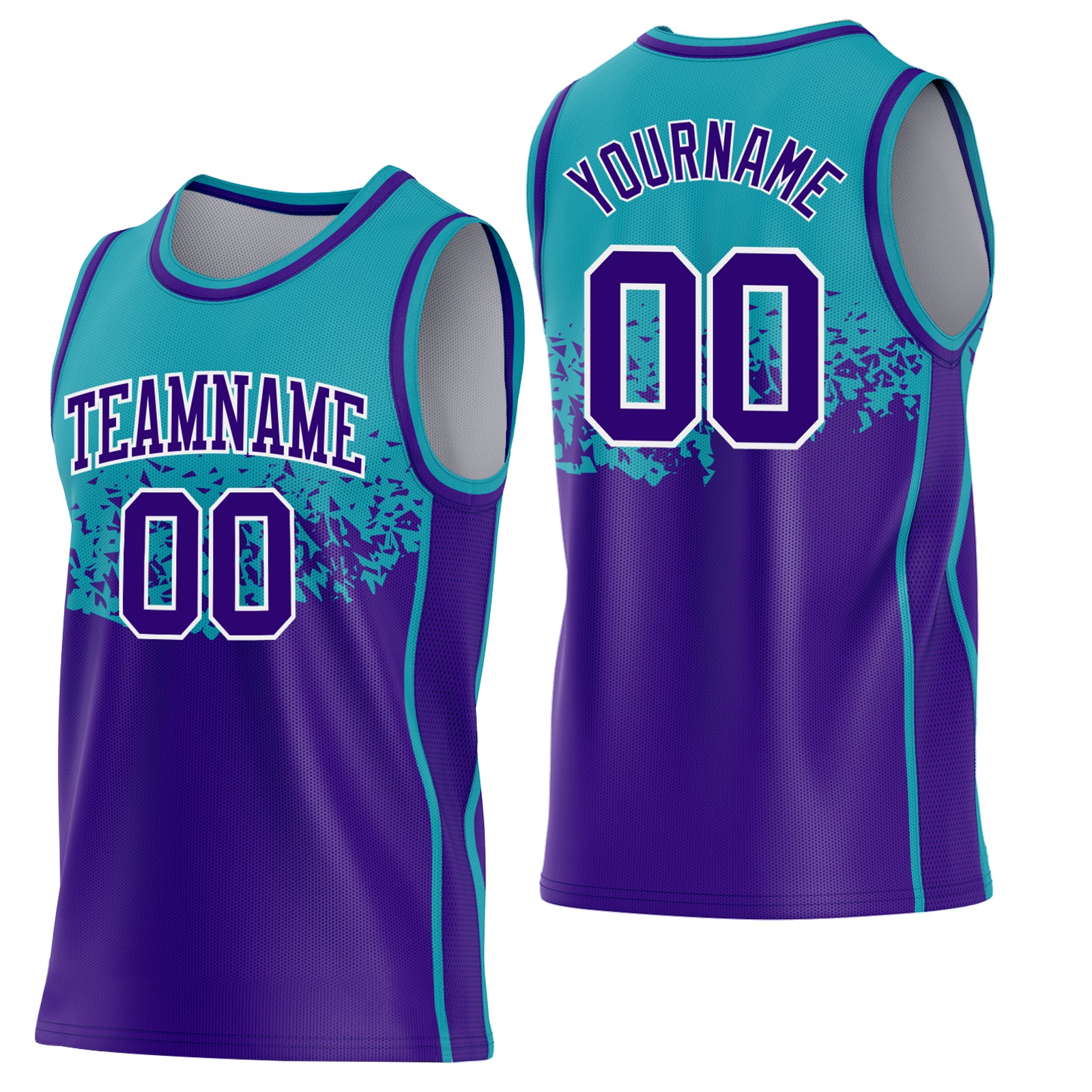 Custom Teal Purple-White Shattered Geometric Side Panel Stripe Round Neck Sublimation Basketball Set Jersey