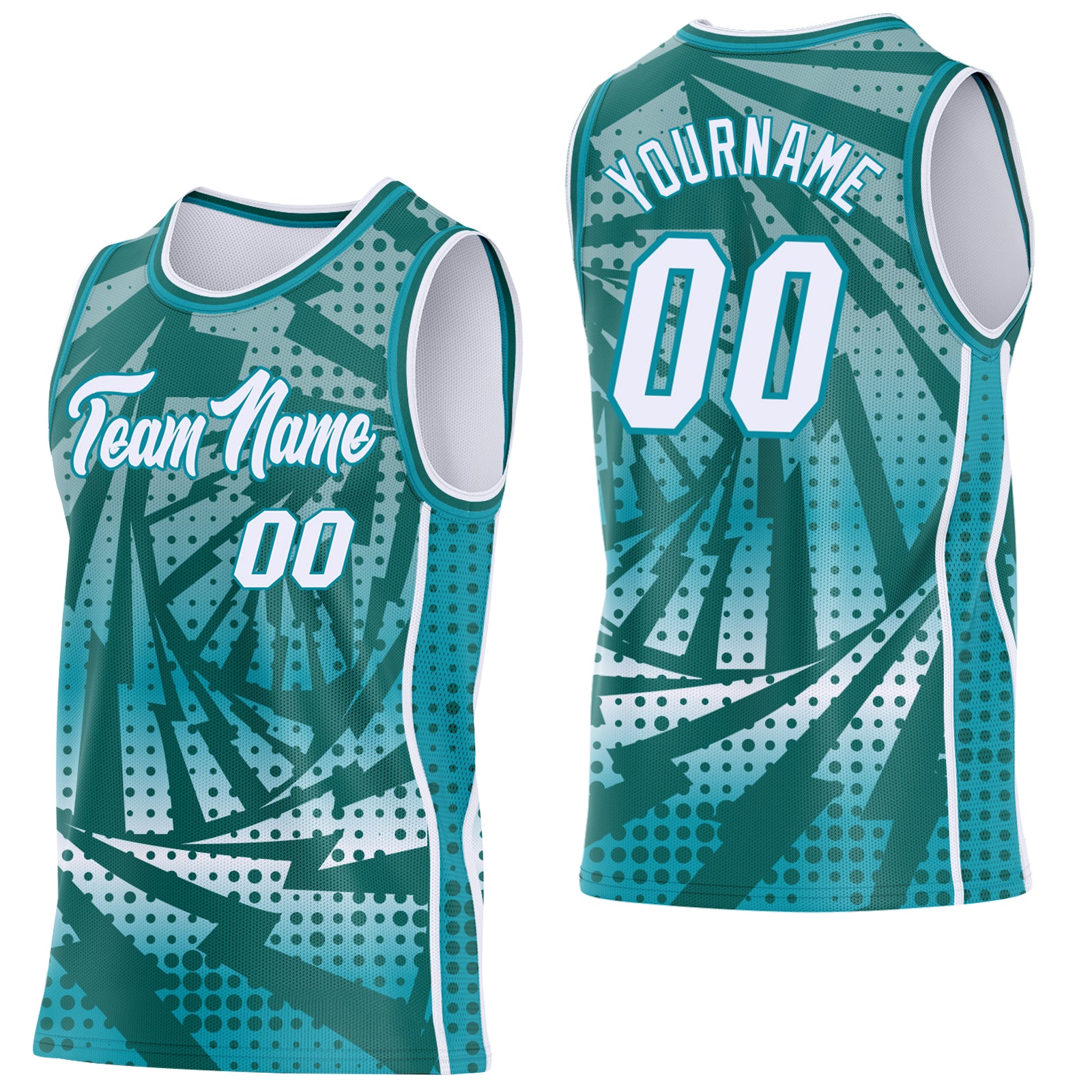 Custom Teal White-Midnight Green Lightning Gradient Dot Side Panel Stripe Round Neck Sublimation Basketball Set Jersey