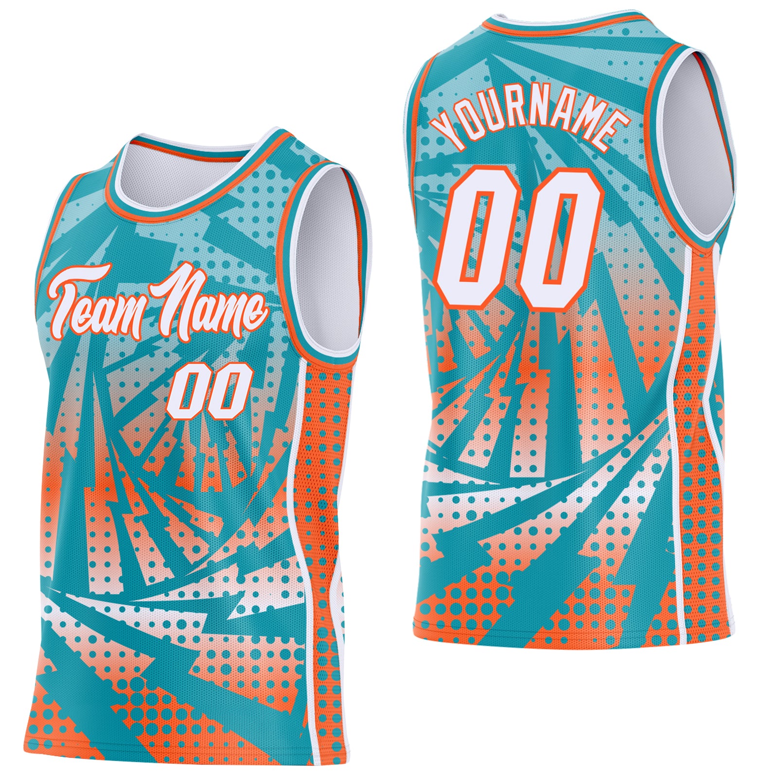 Custom Teal White-Orange Lightning Gradient Dot Side Panel Stripe Round Neck Sublimation Basketball Set Jersey