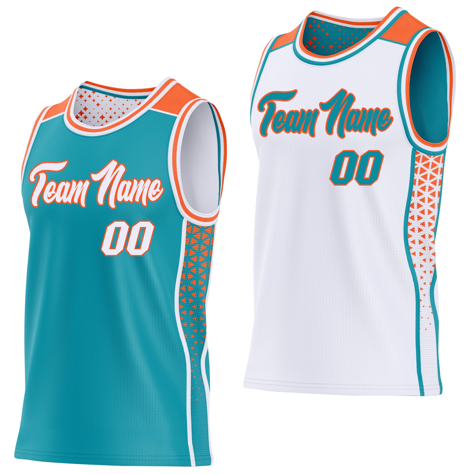 Custom Teal White-Orange Side Panel Stripe Geometric Triangle Gradient Dot Reversible Double Side Sublimation Basketball Set Jersey