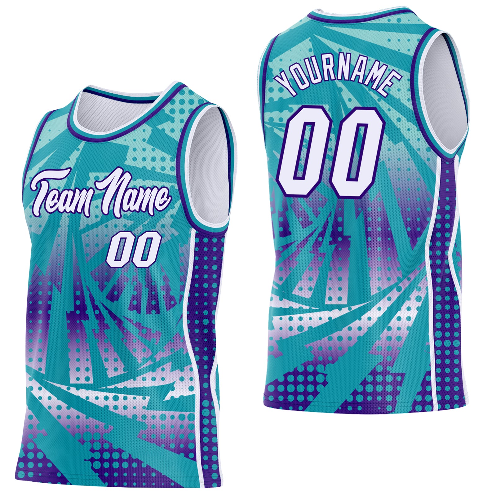 Custom Teal White-Purple Lightning Gradient Dot Side Panel Stripe Round Neck Sublimation Basketball Set Jersey