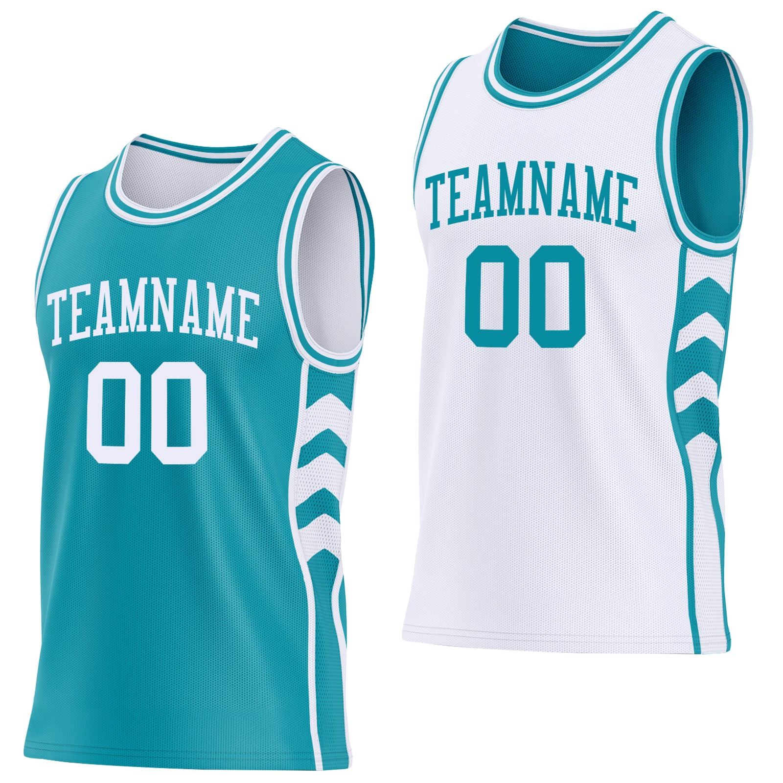 Custom Teal-White Side Panel Geometric Chevron Reversible Double Side Sublimation Basketball Set Jersey