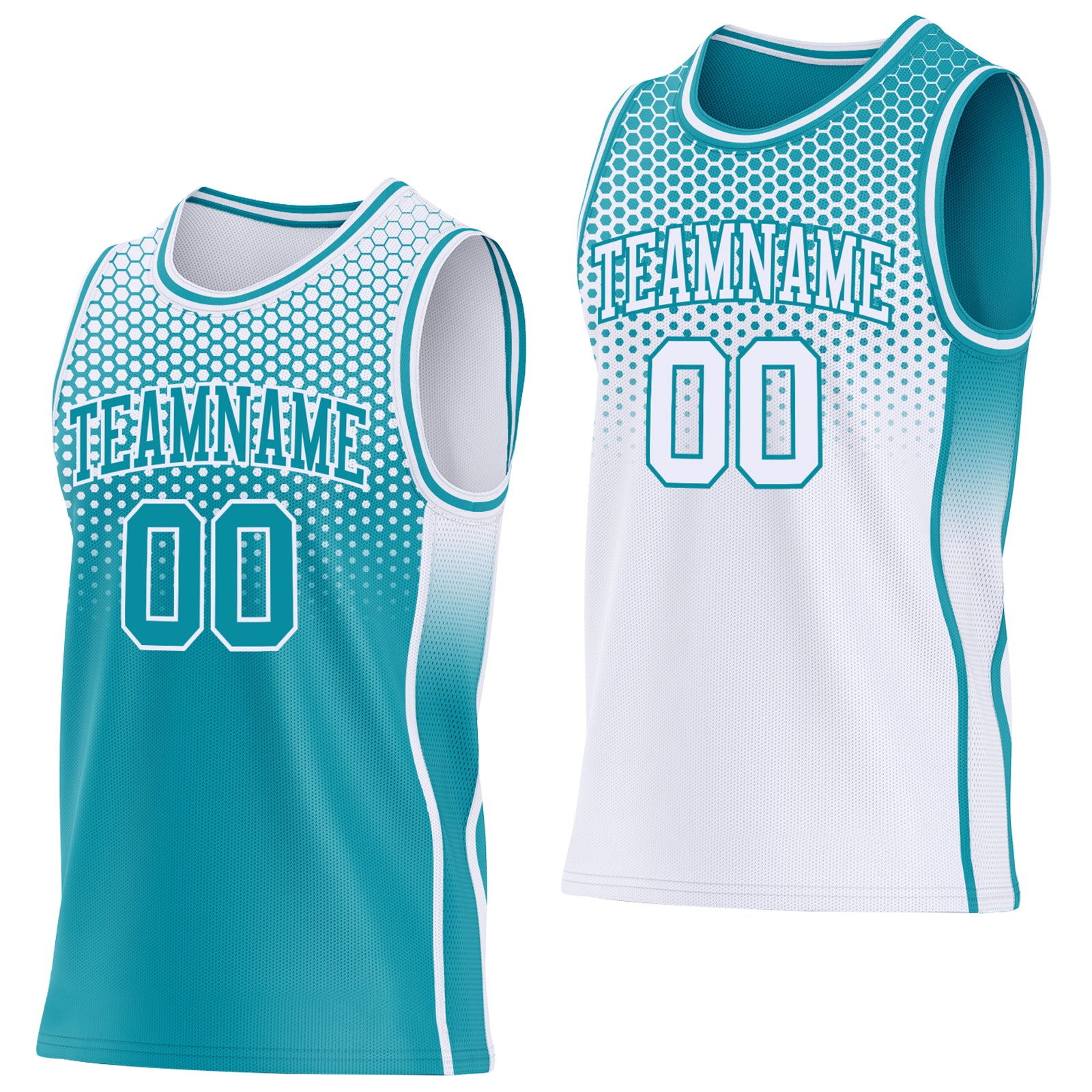 Custom Teal-White Side Panel Stripe Gradient Geometric Honeycomb Reversible Double Side Sublimation Basketball Set Jersey