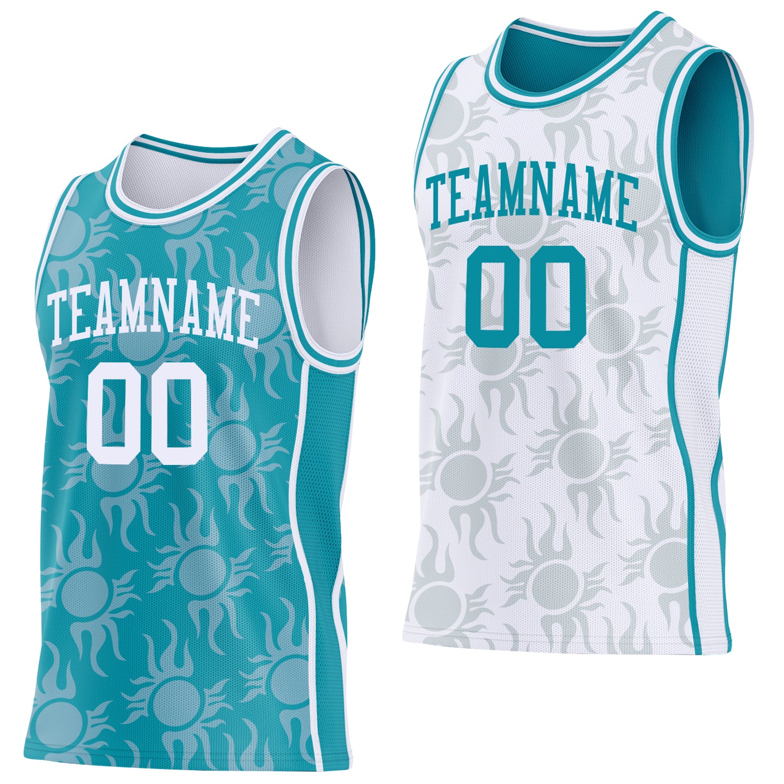 Custom Teal-White Side Panel Stripe Sun Flame Reversible Double Side Sublimation Basketball Set Jersey